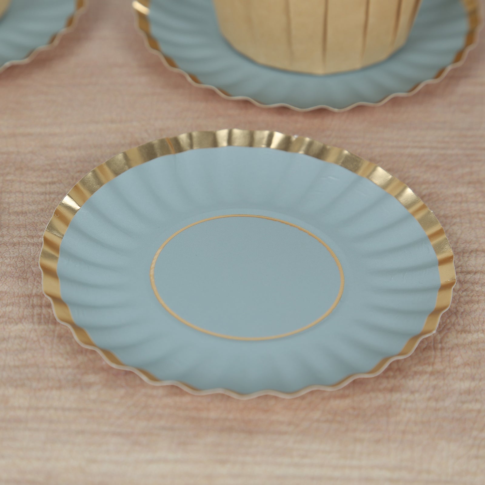 50-Piece Set of 3.5-Inch Disposable Dusty Blue Paper Dessert Plates with Gold Scalloped Edges