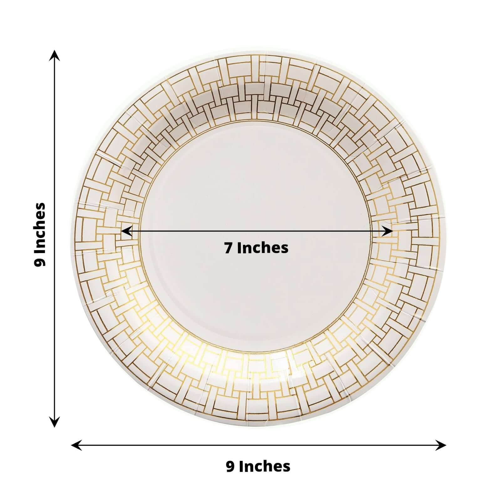 25-Pack Disposable White Paper Dinner Plates with 9" Gold Basketweave Rim for Parties