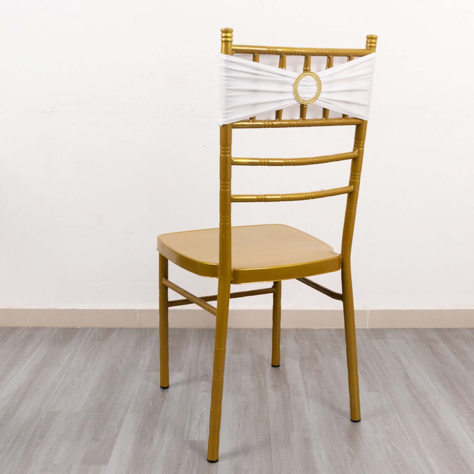 5-Piece Reusable White Spandex Chair Sashes with Gold Rhinestone Plastic Buckles for Weddings and Parties