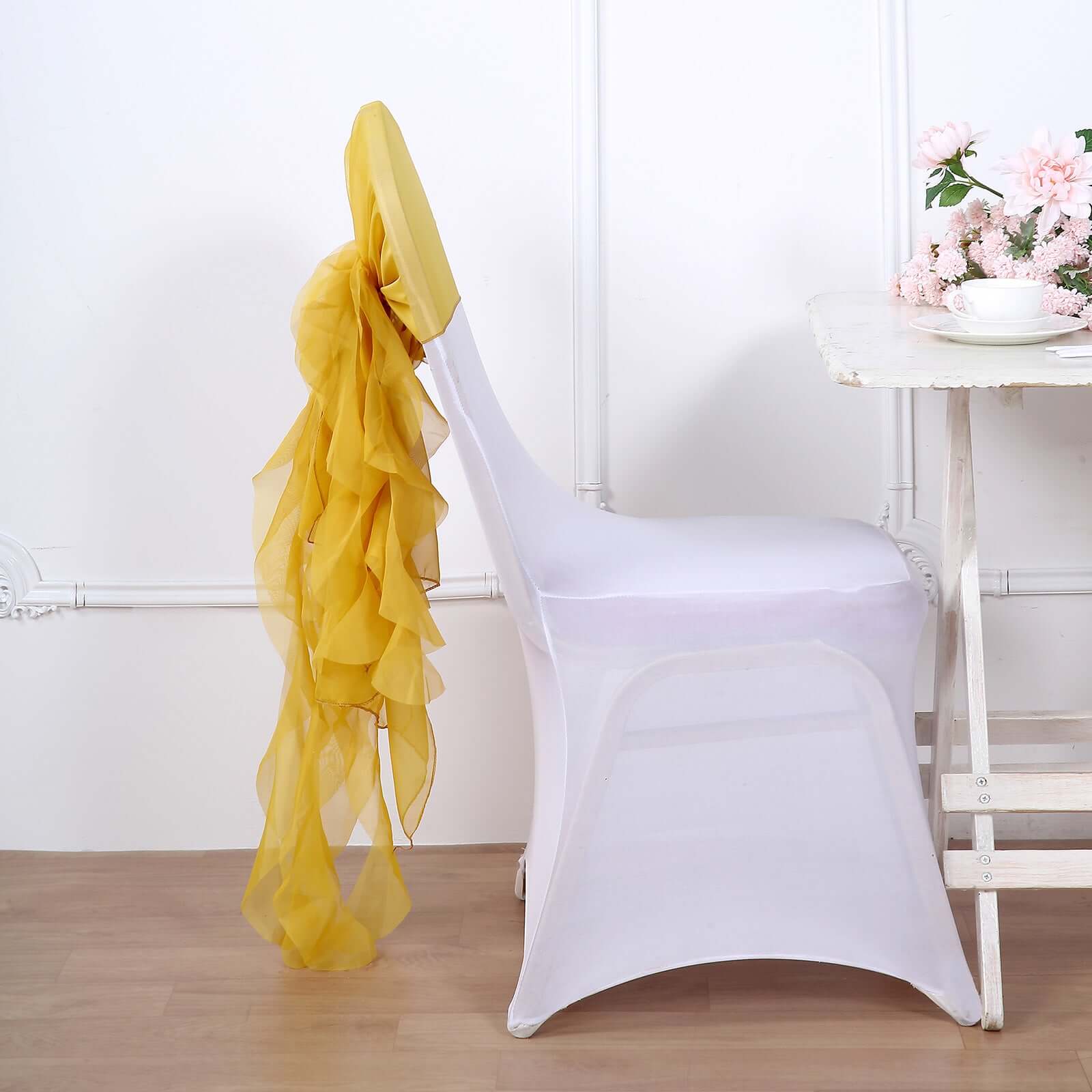 Mustard Yellow Chiffon Chair Sashes Set with Willow Ruffles - Elegant Chair Bow Decor