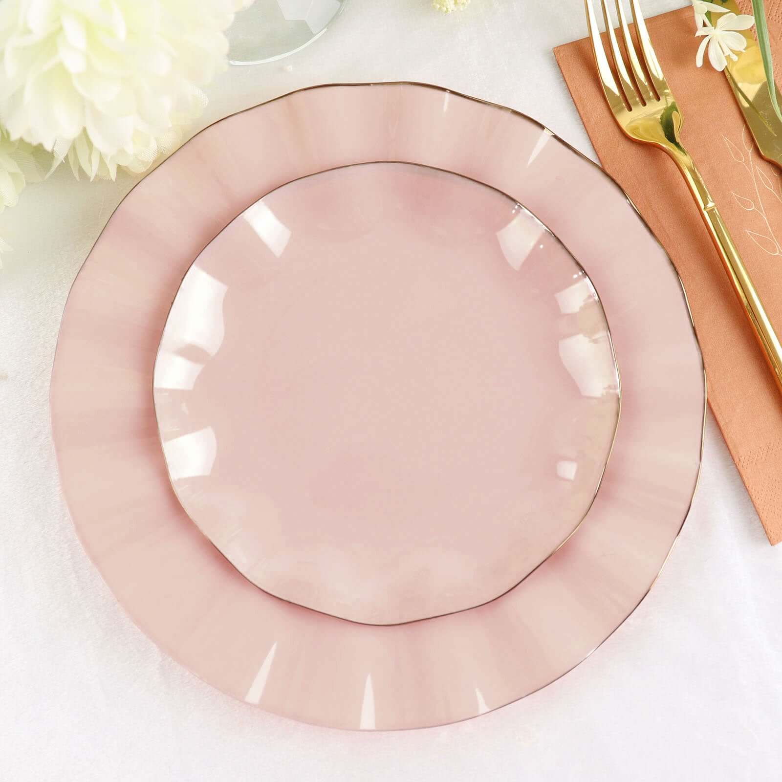 10-Piece Set of Sturdy Disposable Blush Plastic Round Dessert Plates with Gold Ruffled Edging