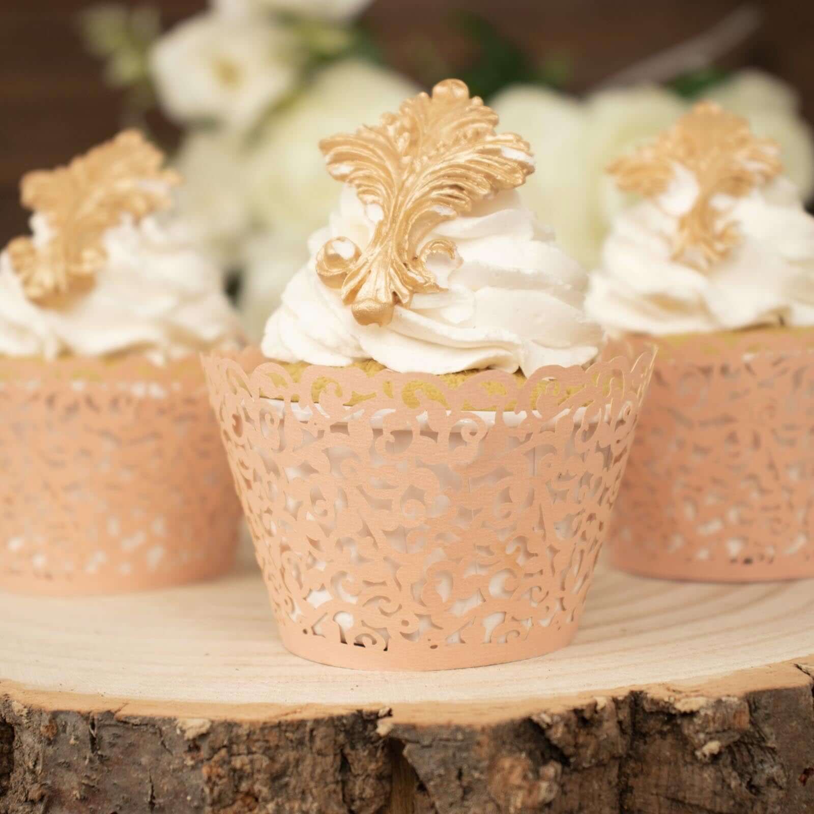 25-Pack Premium Blush Paper Cupcake Wrappers with Lace Laser Cut Design for Party Baking