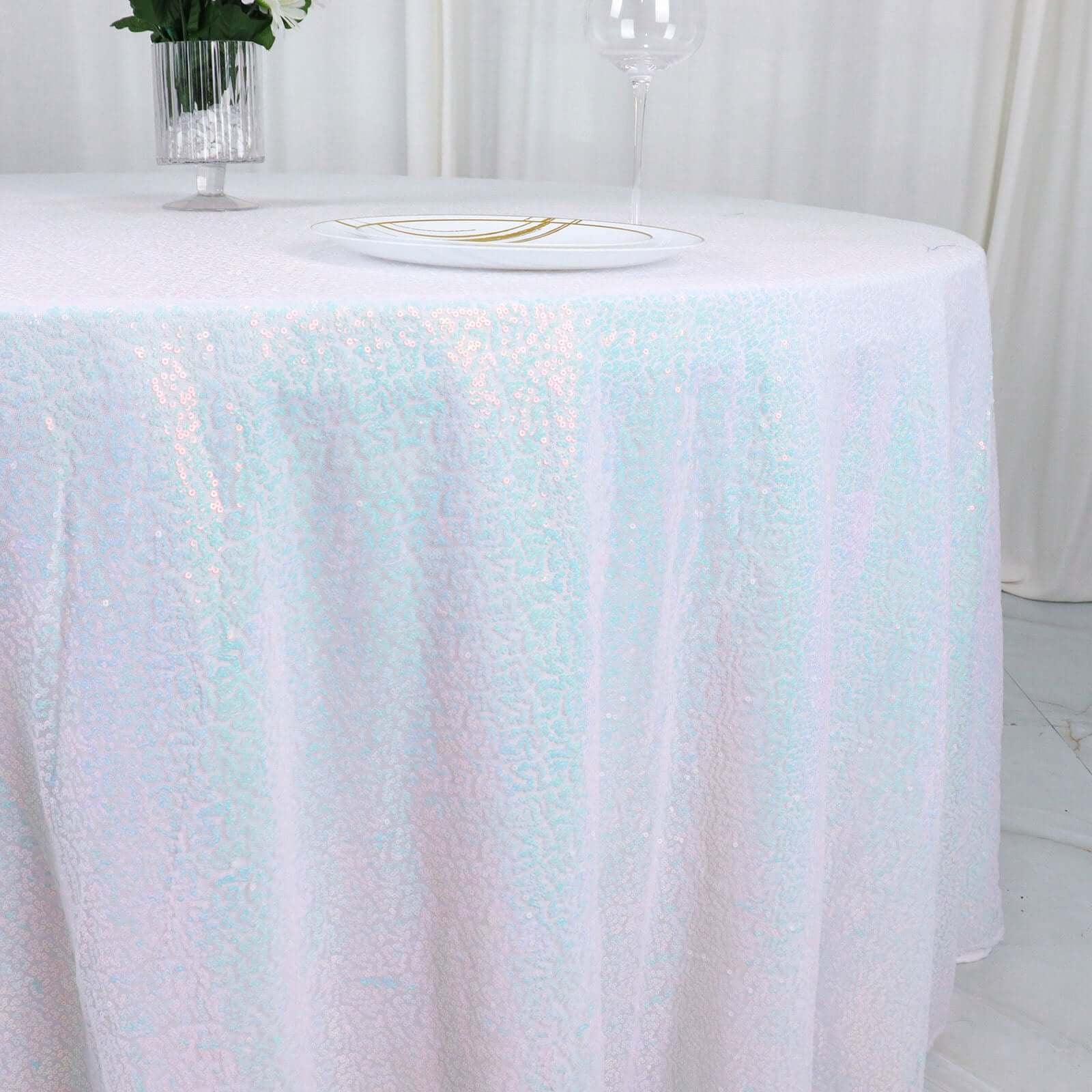 Hot! Iridescent Blue Seamless 132' Round Sequin Tablecloth