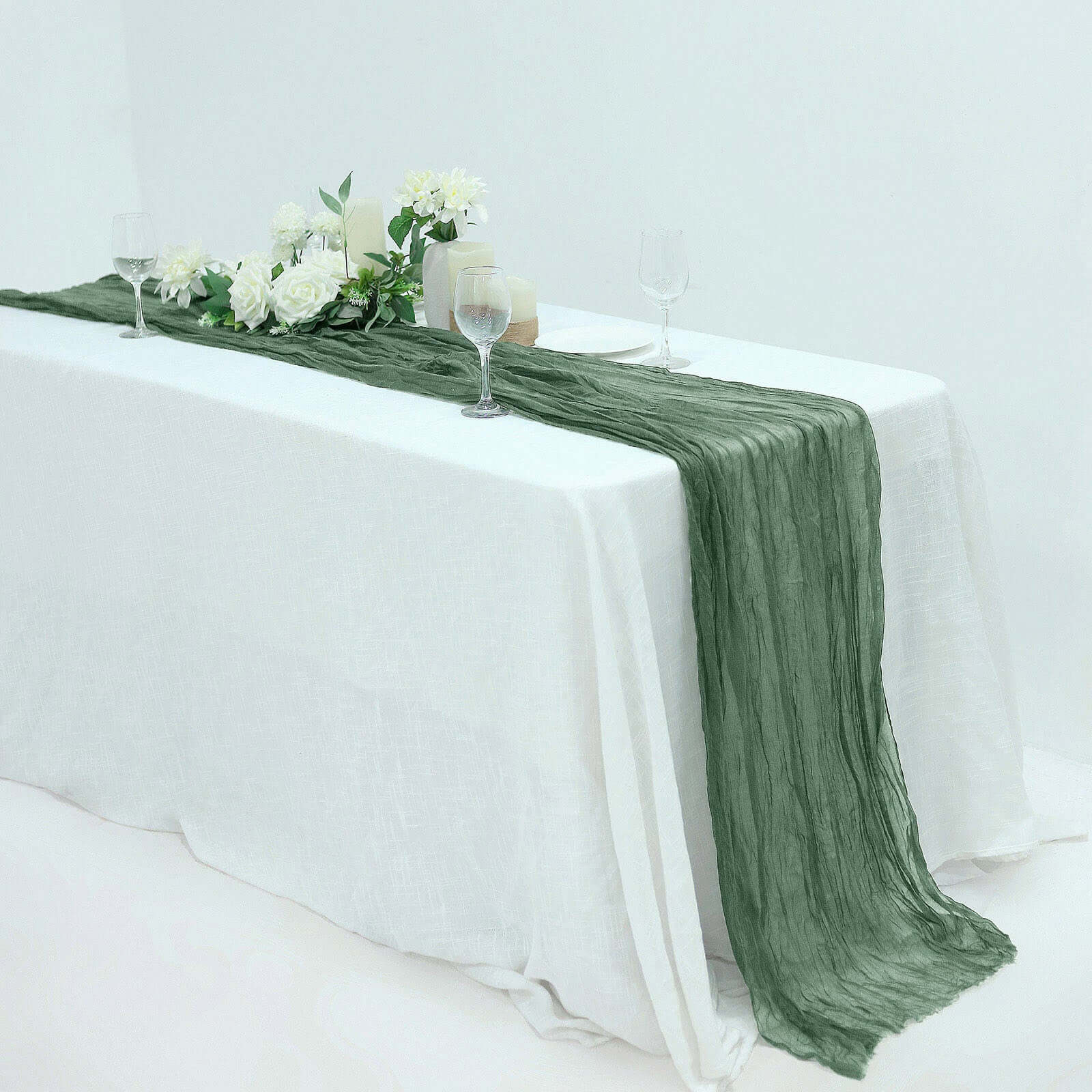 Olive Green Rustic Boho Style Gauze Cheesecloth Table Runner - 10ft Long, Ideal for Weddings & Parties