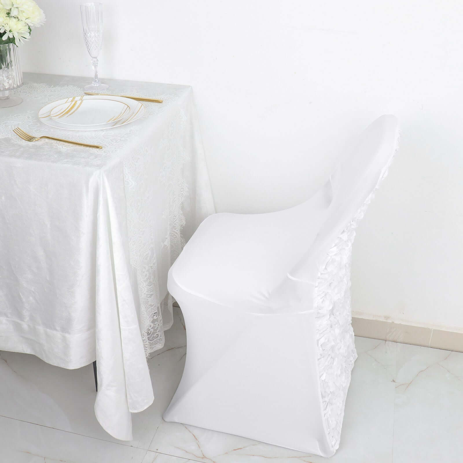 Premium White Spandex Slipcover for Folding Chairs with Satin Rosette Design - Ideal for Classy Events