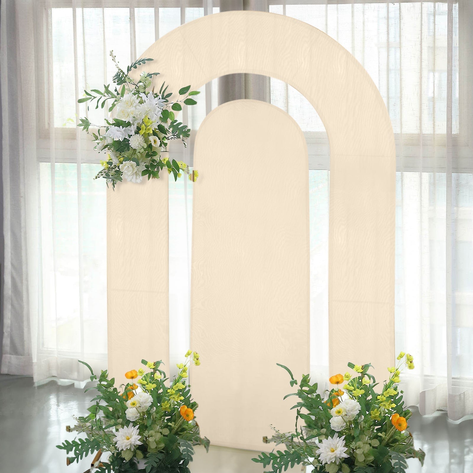 Hot Deal! Set of 2 Beige Spandex Fitted Covers for Round Top & Double Arch Wedding Backdrop Stands (6ft, 8ft)