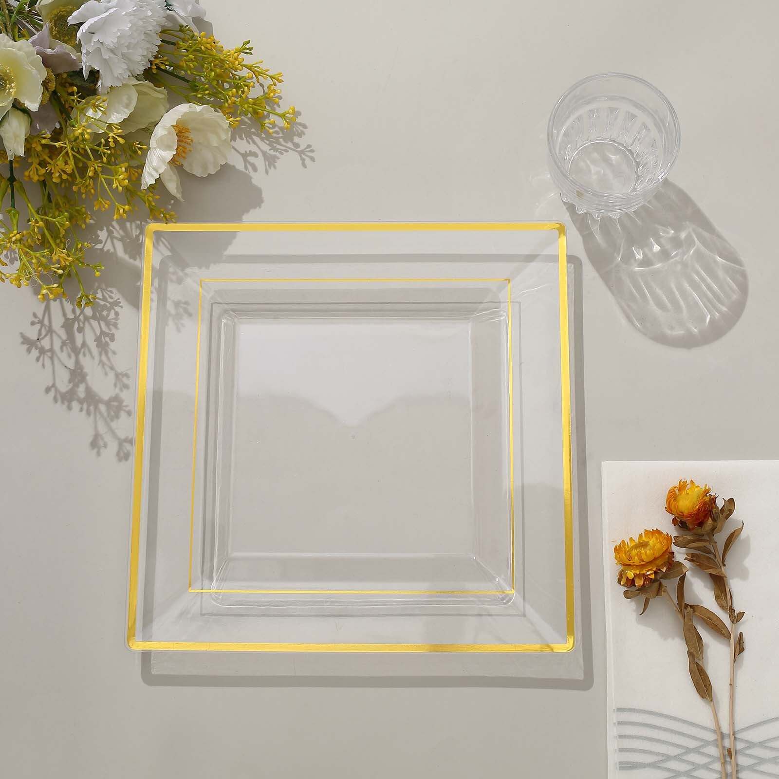 10-Pack Gold Trim Clear Square Plastic Disposable Dinner Plates for Parties