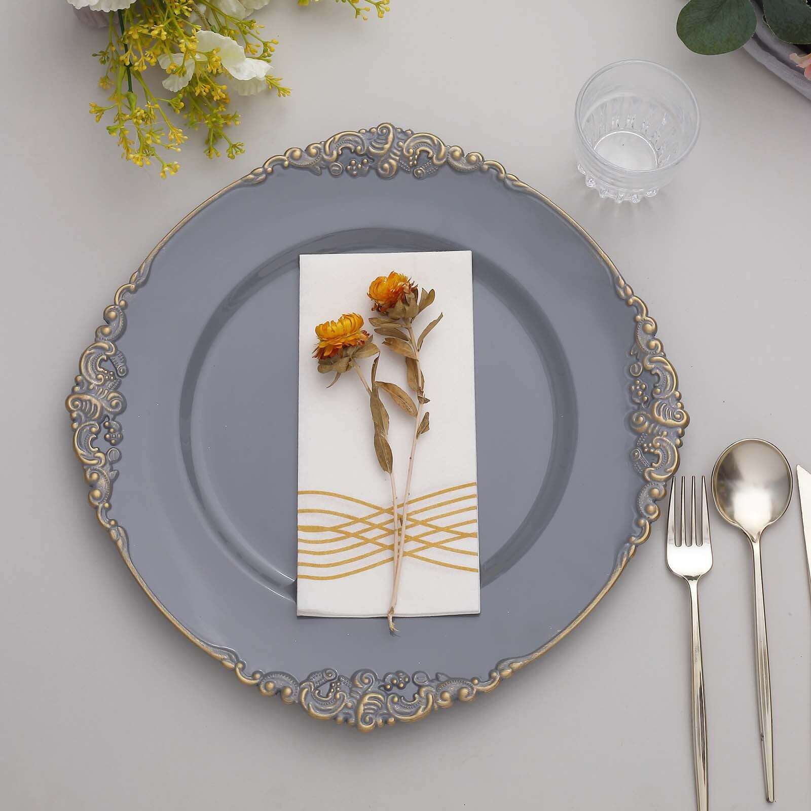 6-Pack 13-Inch Charcoal Gray Acrylic Round Charger Plates with Gold Embossed Baroque Rim - Ideal for Dinner Parties