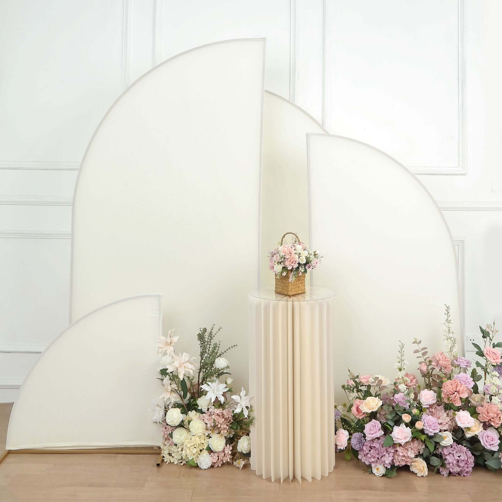Get 4-Piece Matte Ivory Spandex Half Moon Wedding Arch Covers - Sizes 2.5ft - 7ft