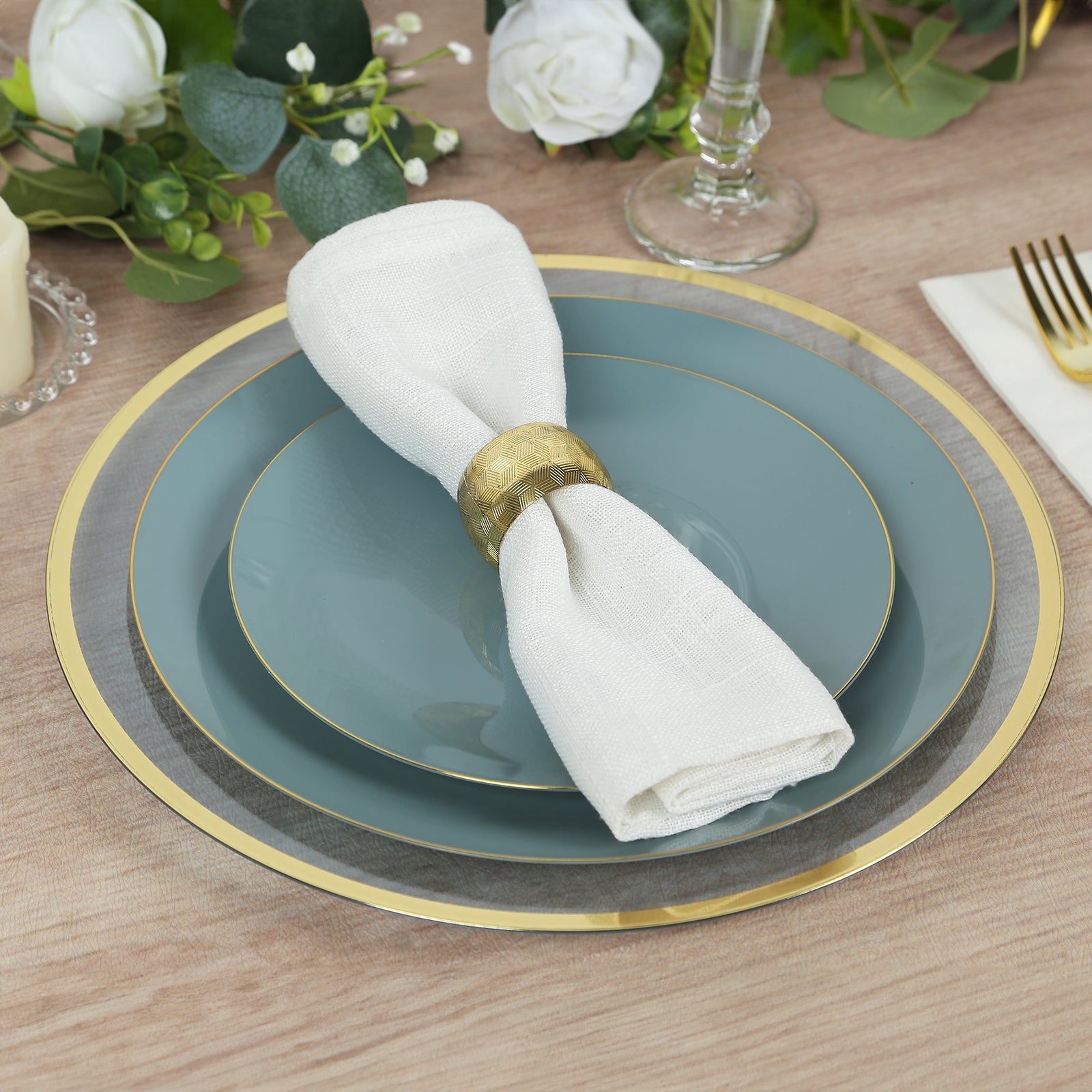 Economy 10-Pack 12-Inch Transparent Dusty Blue Round Plastic Charger Plates with Wide Gold Rim for Party Serving