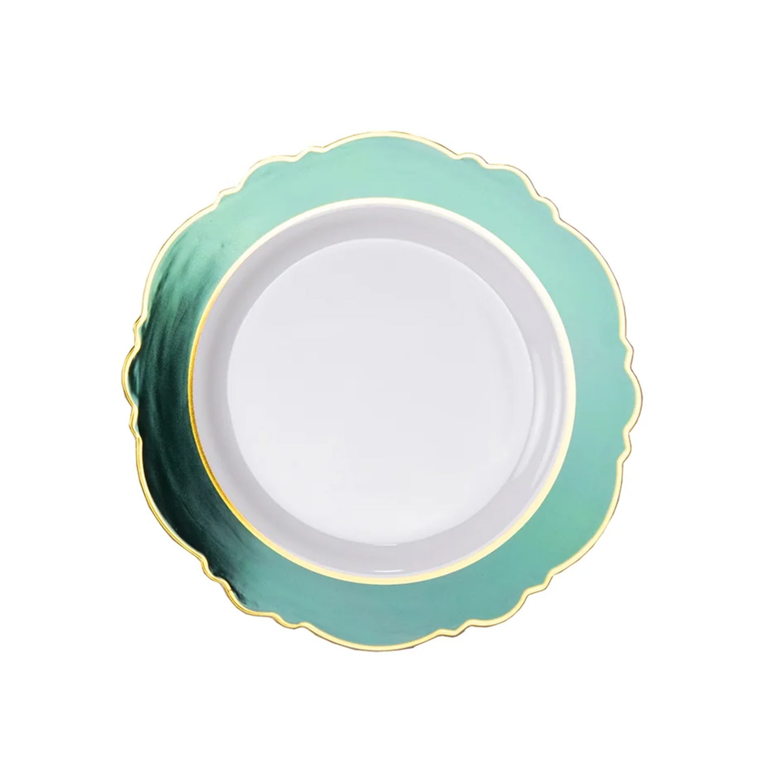 10-Pack Disposable White Plastic Dessert Plates with Hunter Green Blossom & Gold Edging - Ideal for Events