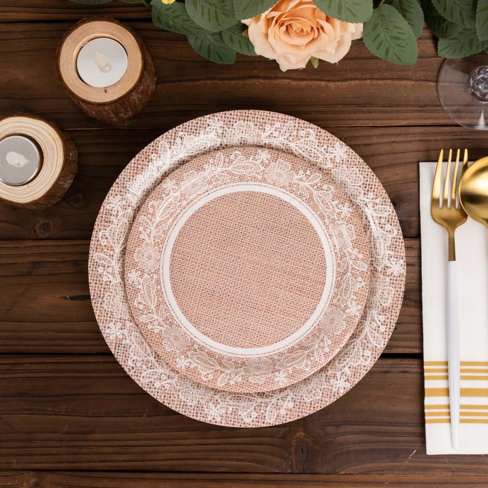 Get 25-Pack Disposable 7-Inch Round Paper Dessert Plates with Burlap Print & Floral Lace for Farmhouse Events