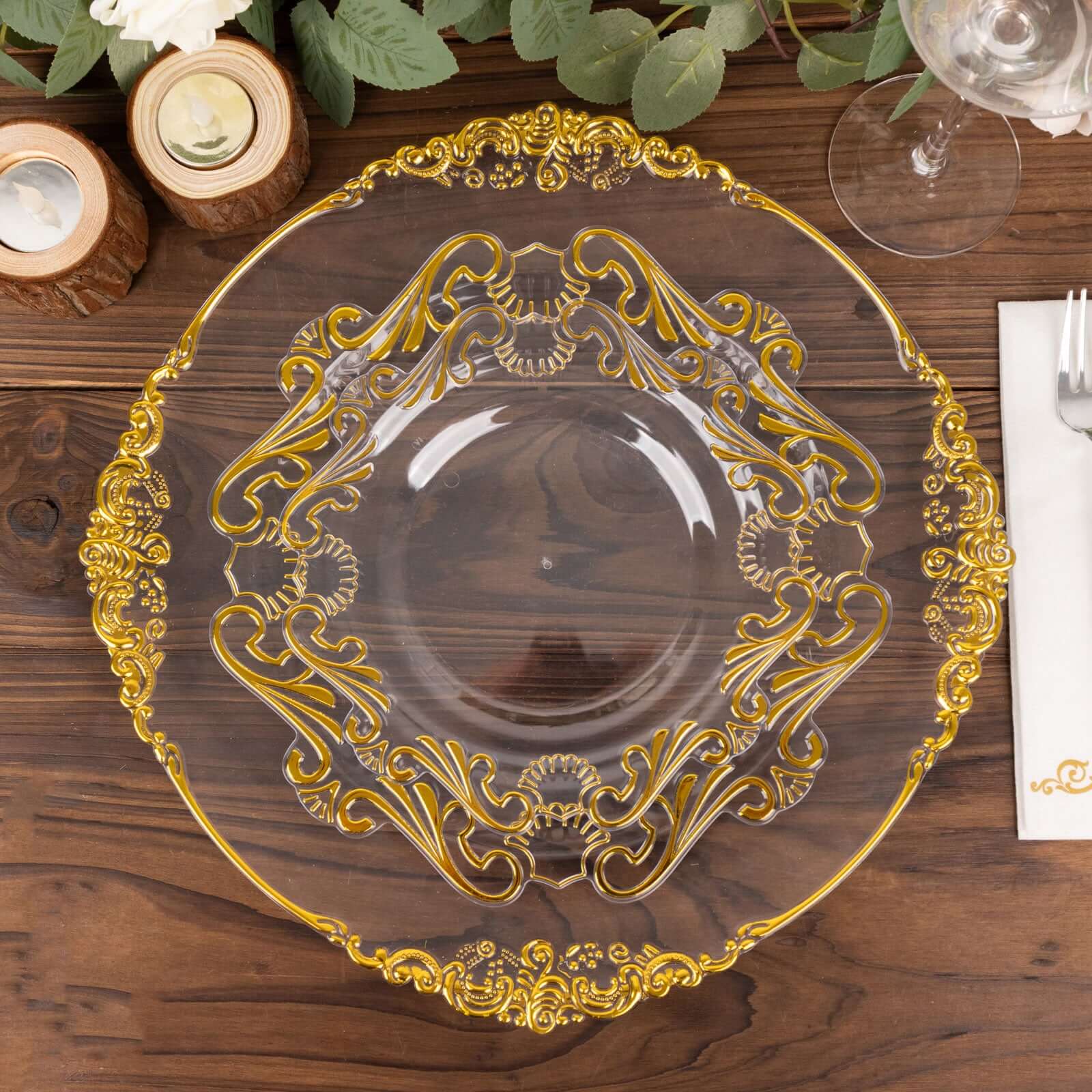 10-Piece Set of Clear Plastic Round Dessert Plates with Gold Vintage Baroque Scalloped Edge