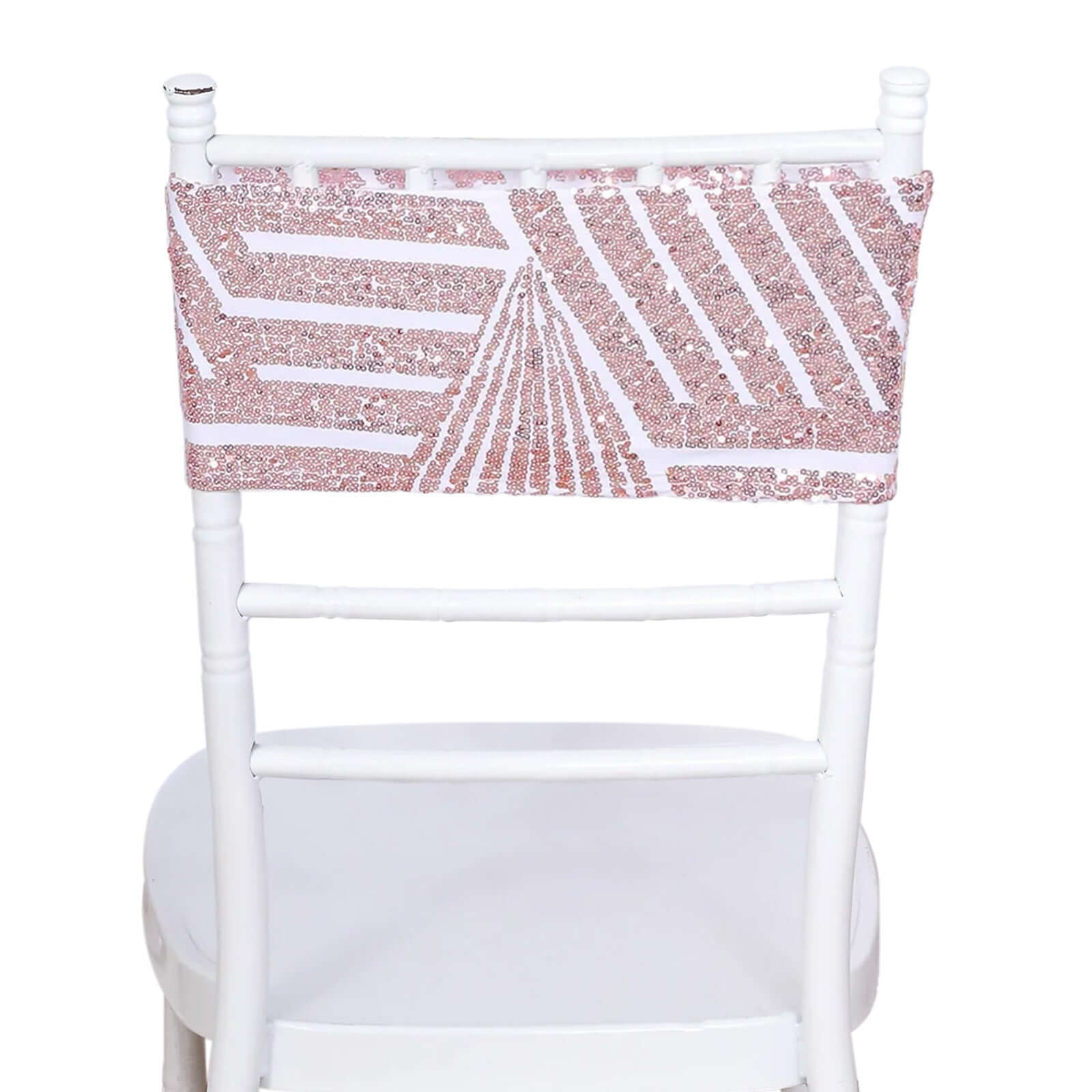 5-Piece Set of Stretchable Sequin Spandex Chair Sashes in White with Rose Gold Geometric Diamond Design