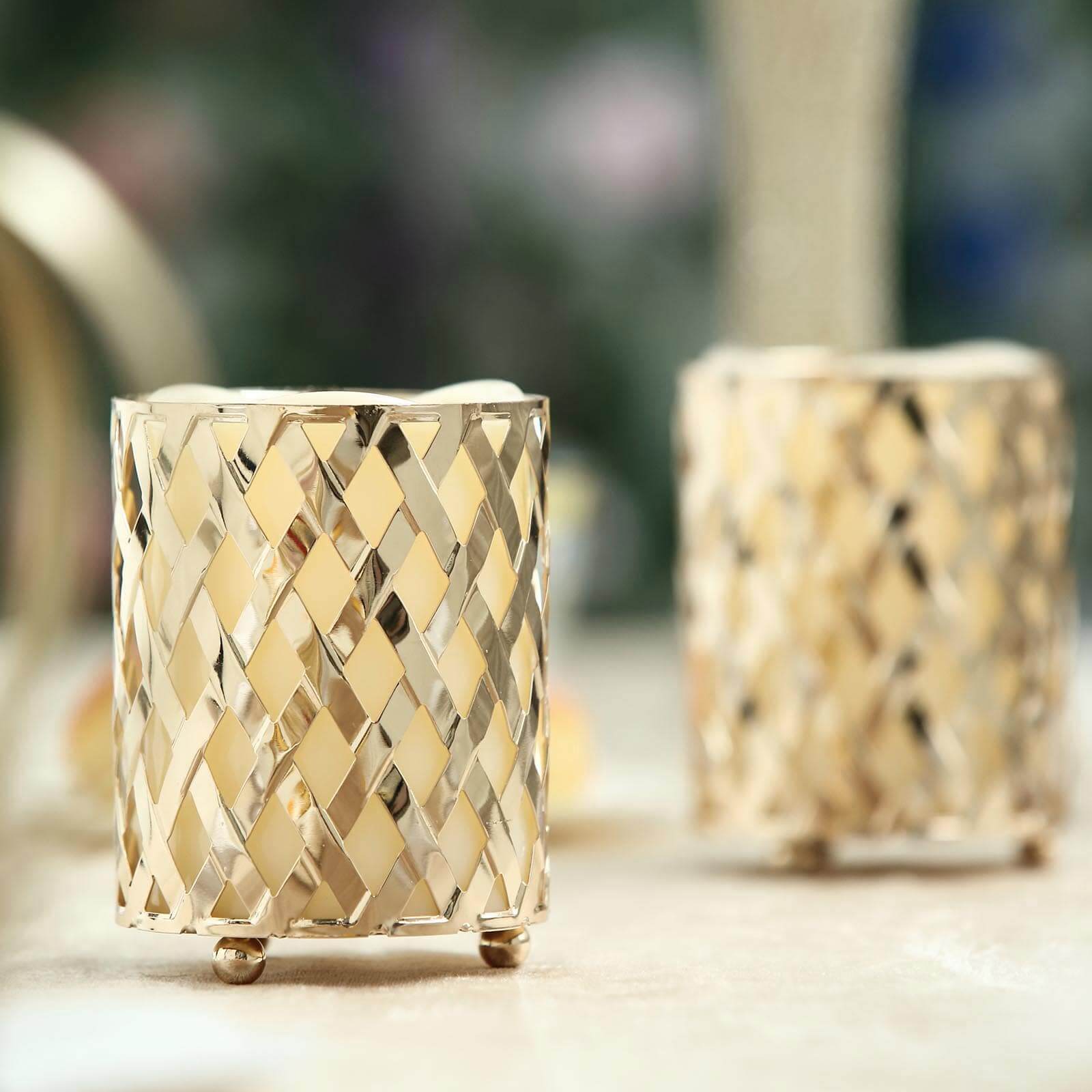2-Piece Gold Metal Votive Candle Holders with Diamond Cut Geometric Design for Home and Events