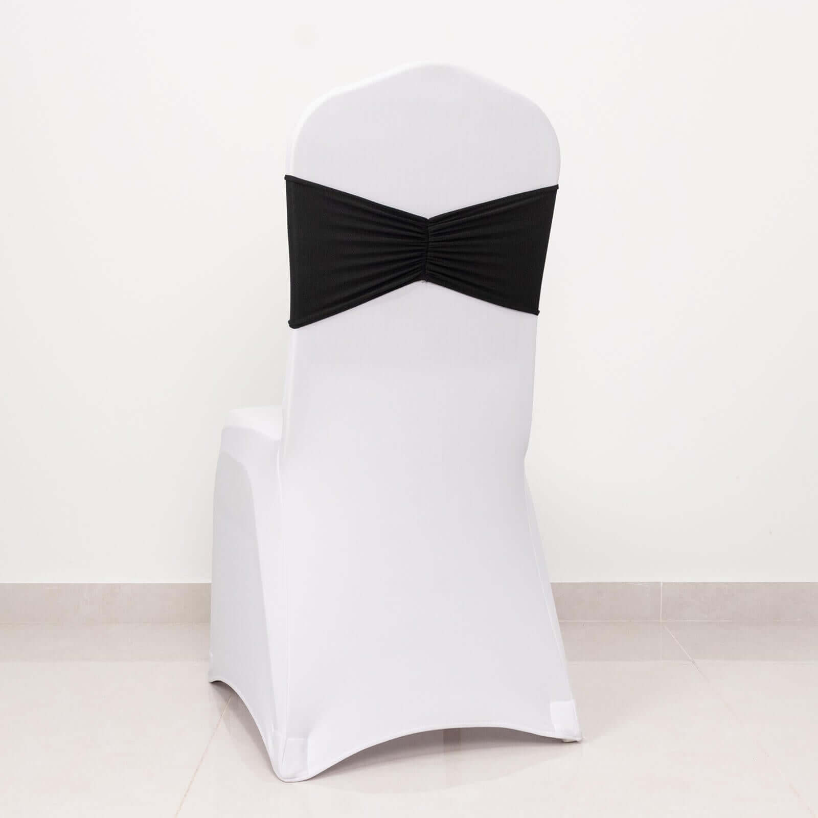 5-Pack Black Ruffled Spandex Chair Sashes - Wide, Stretchable and Easy-to-Use Decor Bands