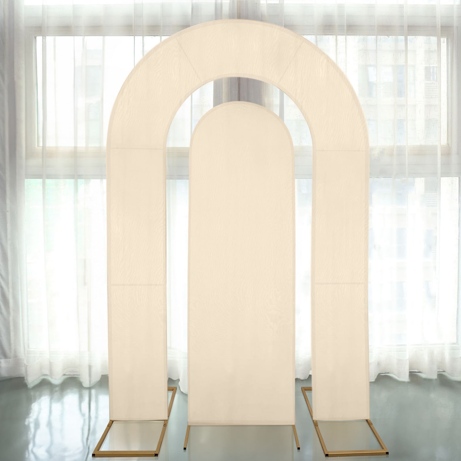 Hot Deal! Set of 2 Beige Spandex Fitted Covers for Round Top & Double Arch Wedding Backdrop Stands (6ft, 8ft)
