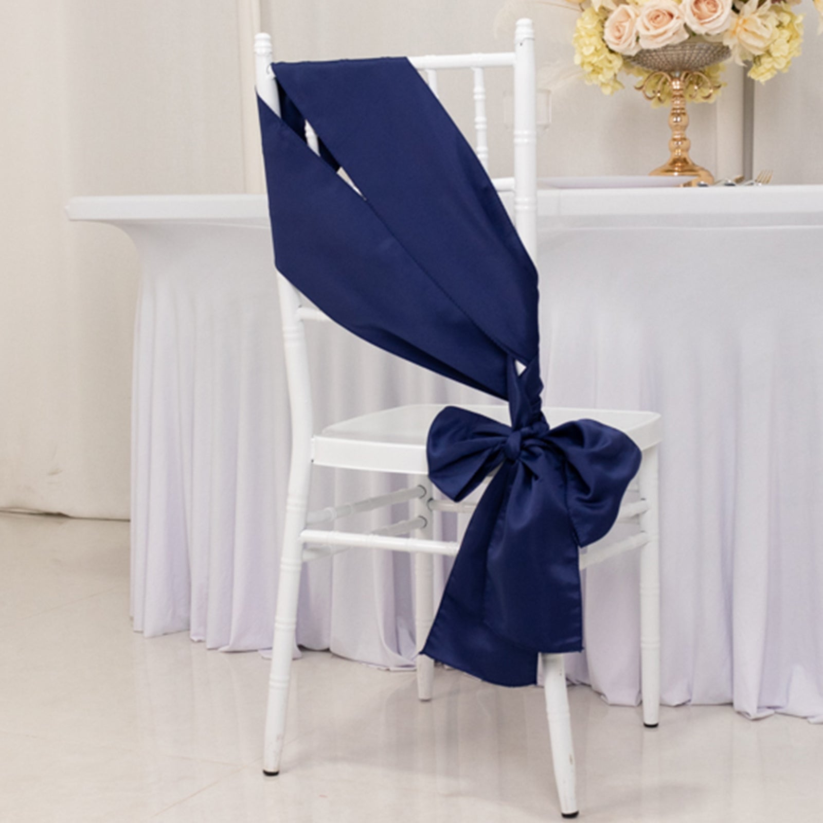 Navy Blue Lamour Satin 6x106 Chair Sashes - Set of 5 Reusable Decorative Bows