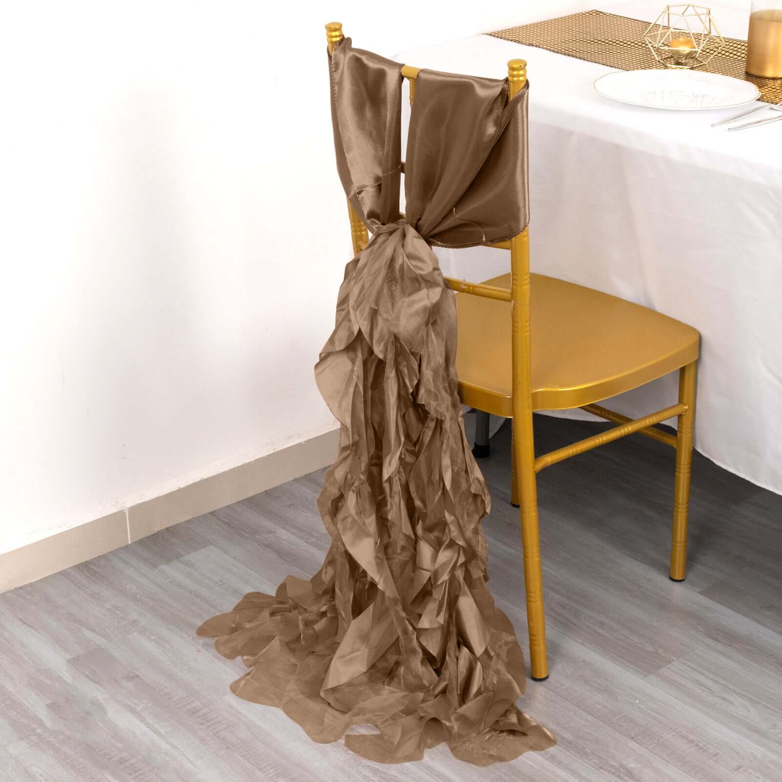 5-Piece Taupe Chiffon Satin Curly Willow Chair Sashes - Effortless Installation