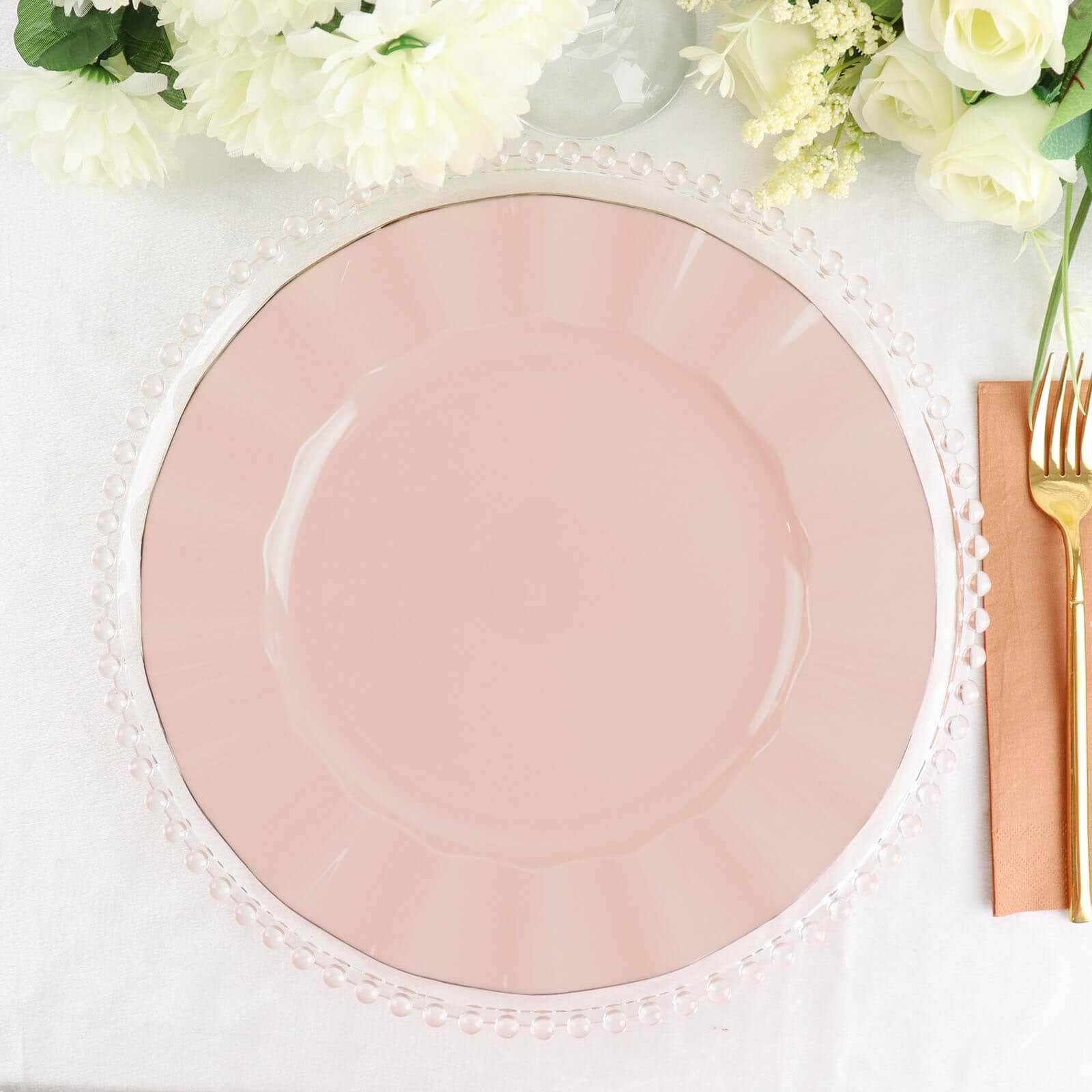 10-Piece Set of Sturdy Blush Plastic Round Dinner Plates with Gold Ruffled Edging
