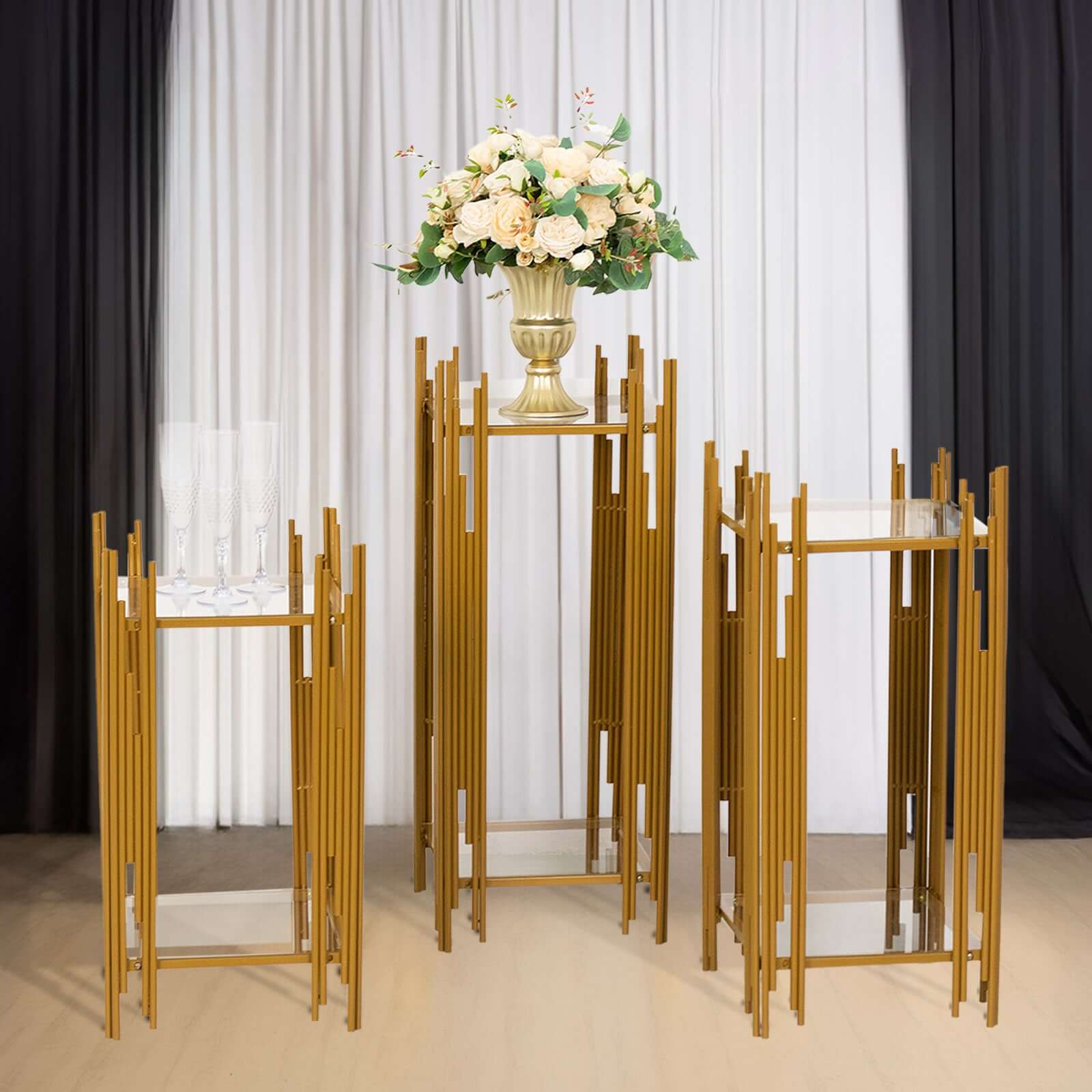 Hot Deal! Set of 3 Gold Metal Wedding Pedestal Stands with Square Acrylic Plates