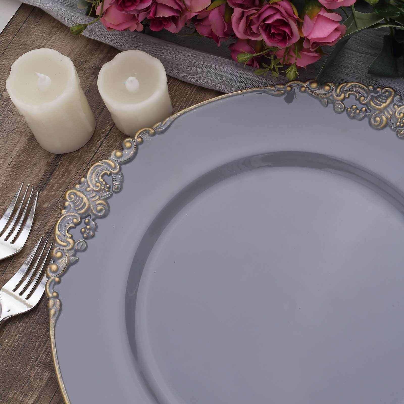 6-Pack 13-Inch Charcoal Gray Acrylic Round Charger Plates with Gold Embossed Baroque Rim - Ideal for Dinner Parties