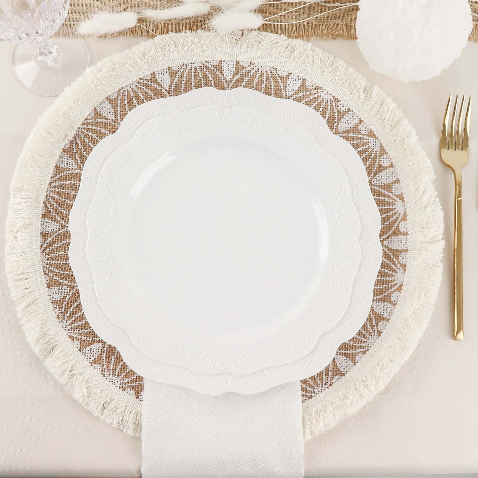 Hot Deal! 4-Pack Round Mandala Print Jute Placemats with Fringe and Tassel Design, Natural and White