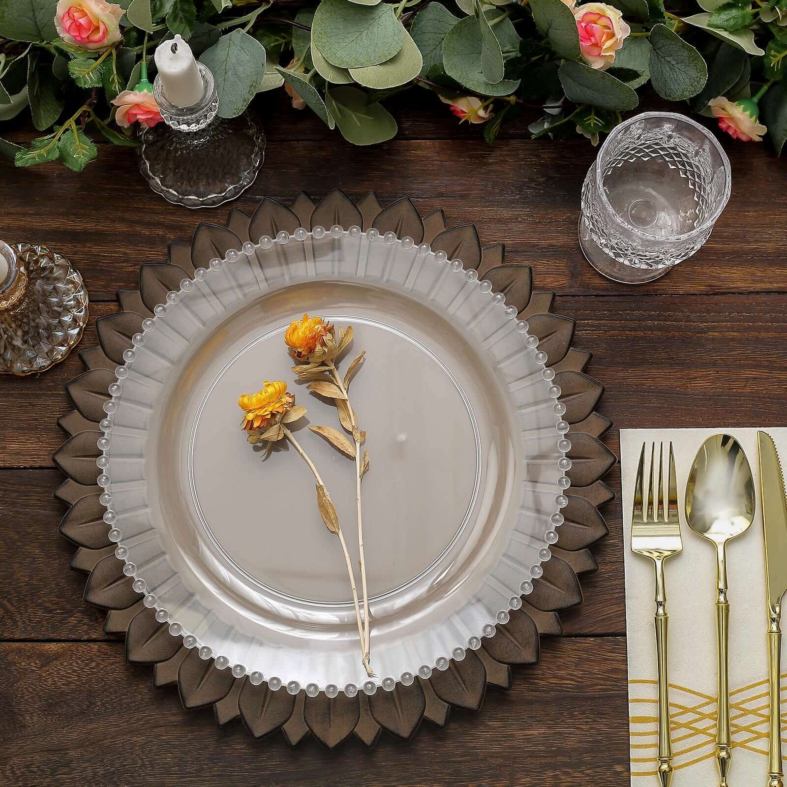 Hot Sale! 6-Pack 13in Plastic Round Disposable Dinner Charger Plates with Sunflower Rim, Matte Natural Finish