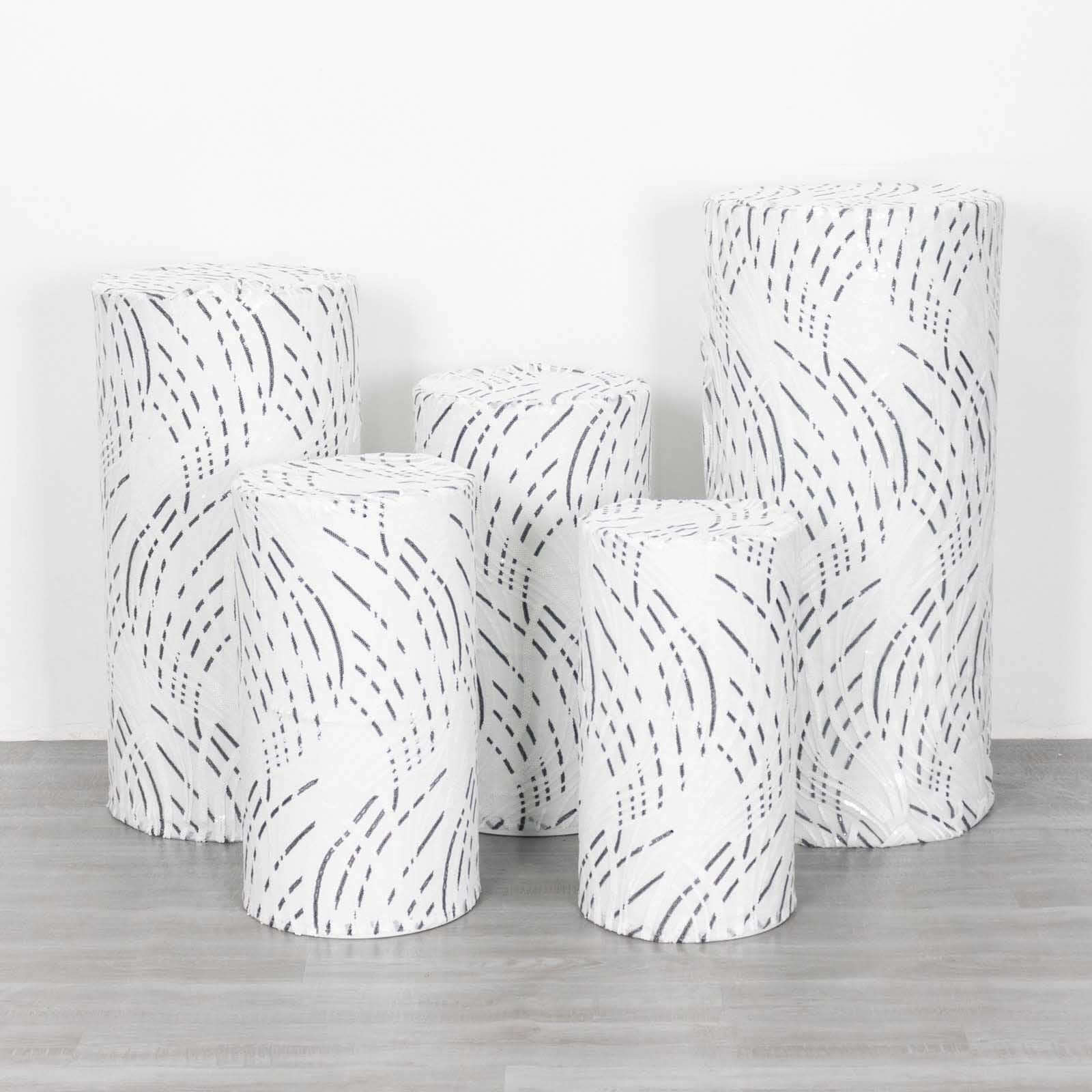 Hot Sale! Set of 5 Embroidered Sequin White Wave Mesh Cylinder Pedestal Stand Covers