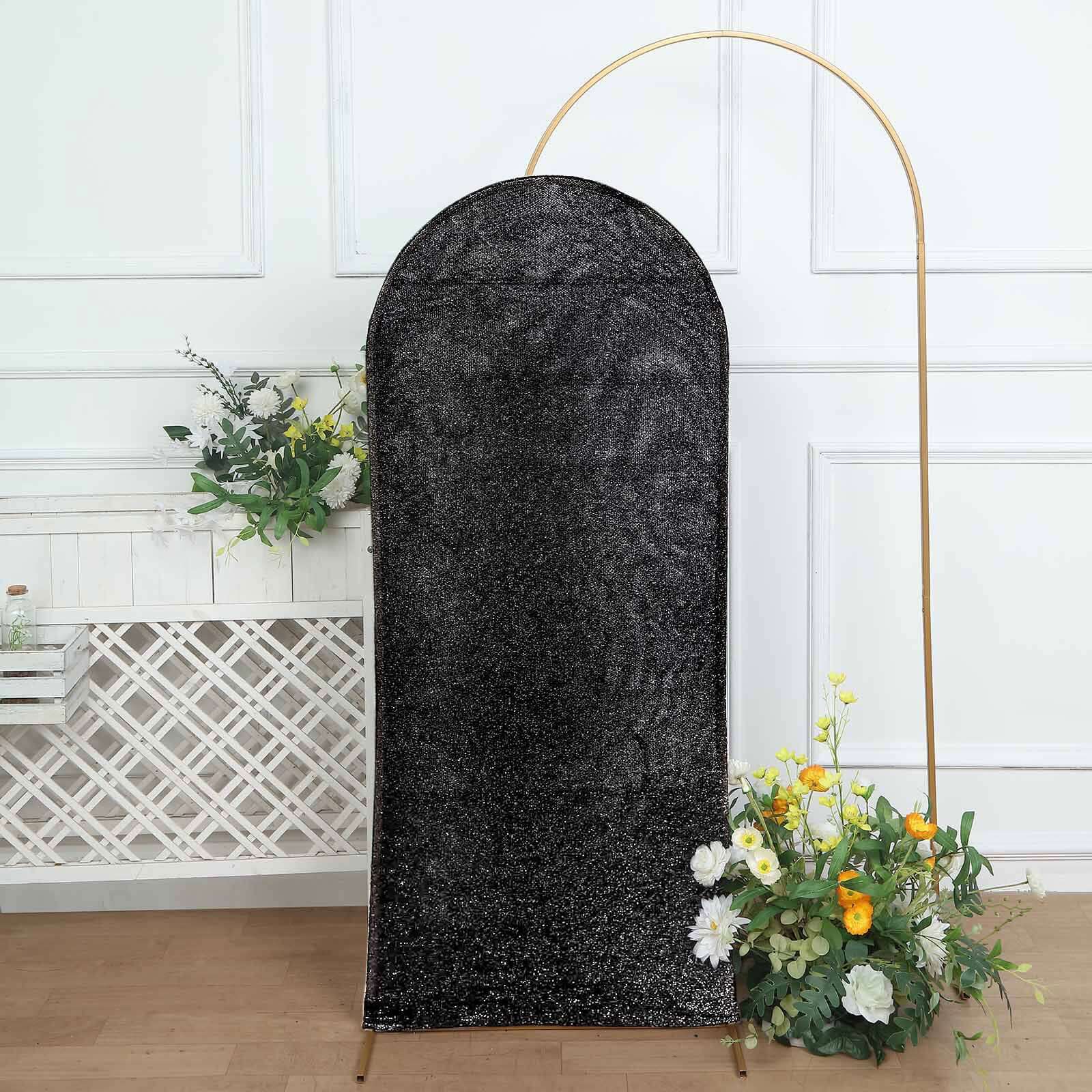 Hot Sale! 5ft Black Shimmer Tinsel Spandex Cover for Fitted Round Top Wedding Arch Backdrop Stand
