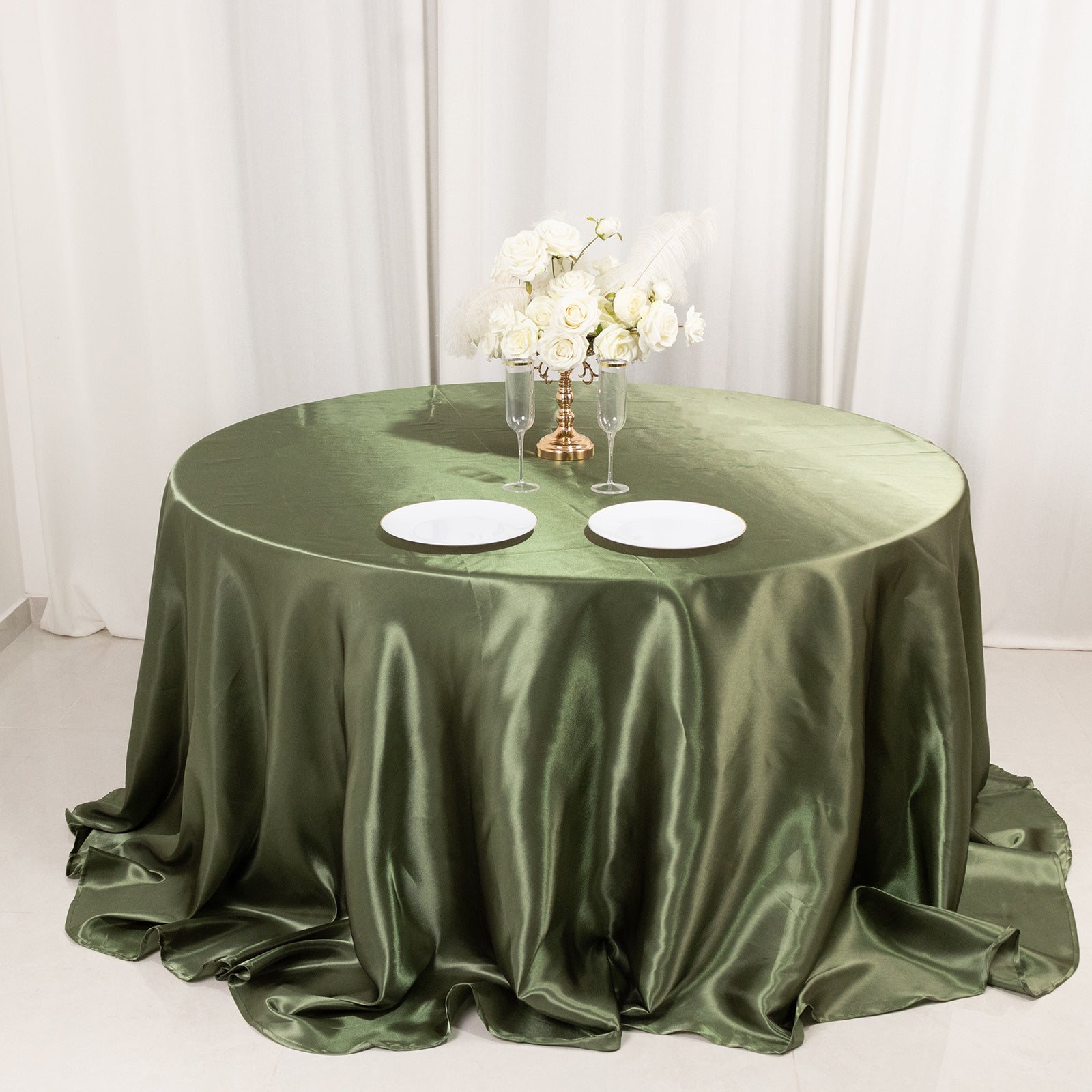 Stylish Seamless Satin Round Tablecloth in Dusty Sage Green, 132" - Ideal for Events