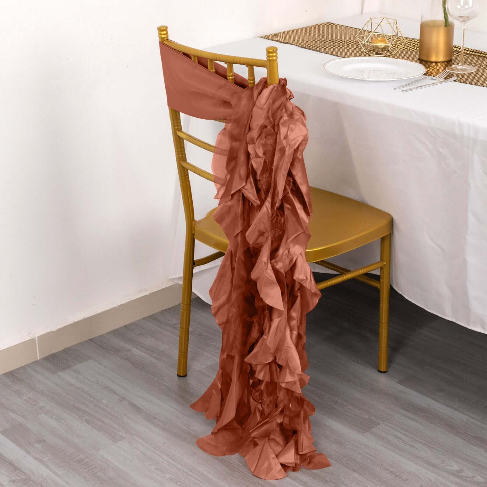 5-Pack Terracotta (Rust) Chiffon Satin Curly Willow Chair Sashes - Easy Install