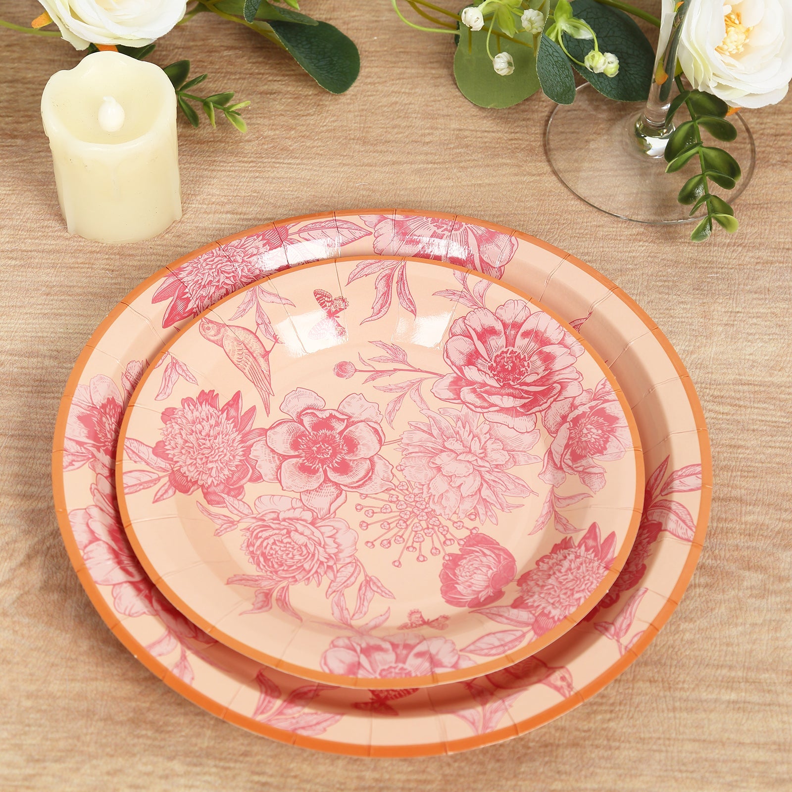 50-Piece Heavy-Duty Disposable Paper Party Plates in Dusty Rose Floral with Gold Rim, 7