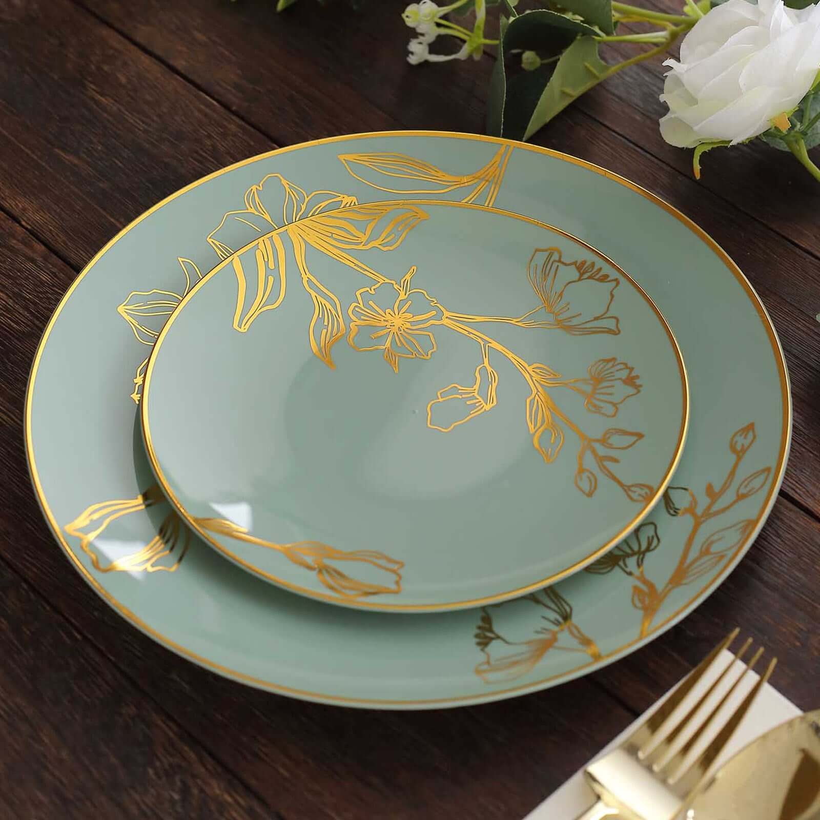 20-Piece Set of Disposable Plastic Dinner and Dessert Plates in Dusty Sage Green with Gold Floral Design