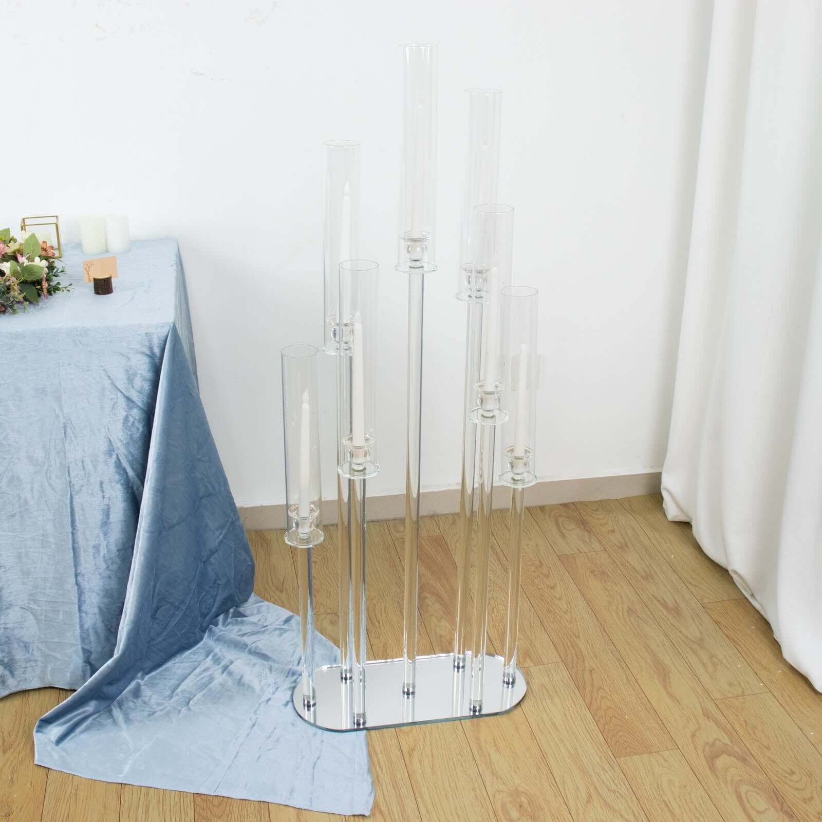 7-Arm Clear Crystal Candelabra with Hurricane Shades - Perfect Wedding Centerpiece