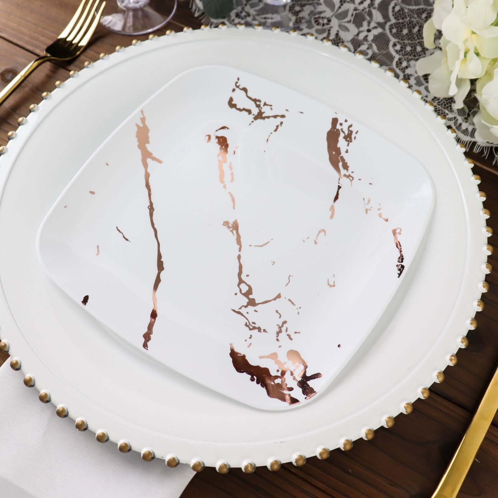 10-Pack Disposable White Plastic Dessert Plates with Rose Gold Marble Design - Ideal for Parties