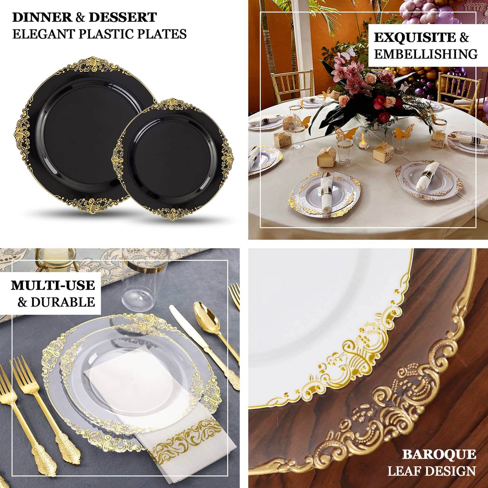 10-Pack Disposable Vintage Baroque Plastic Round Dinner Plates - Transparent Black with Gold Leaf Embossed Rim