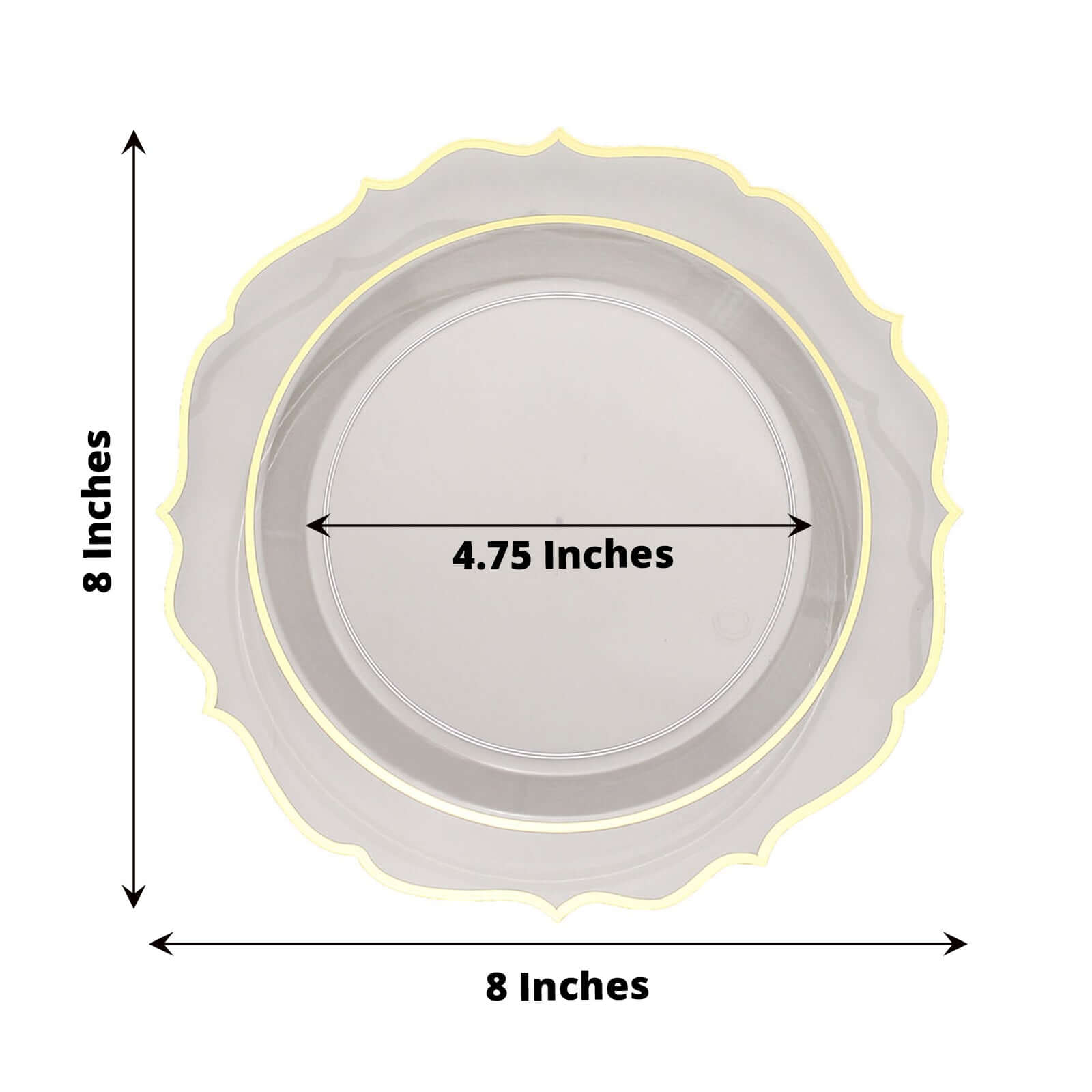 10-Piece Set of Clear Plastic 8-Inch Round Desert Plates with Gold Scalloped Rims - Disposable Appetizer/Salad Plates