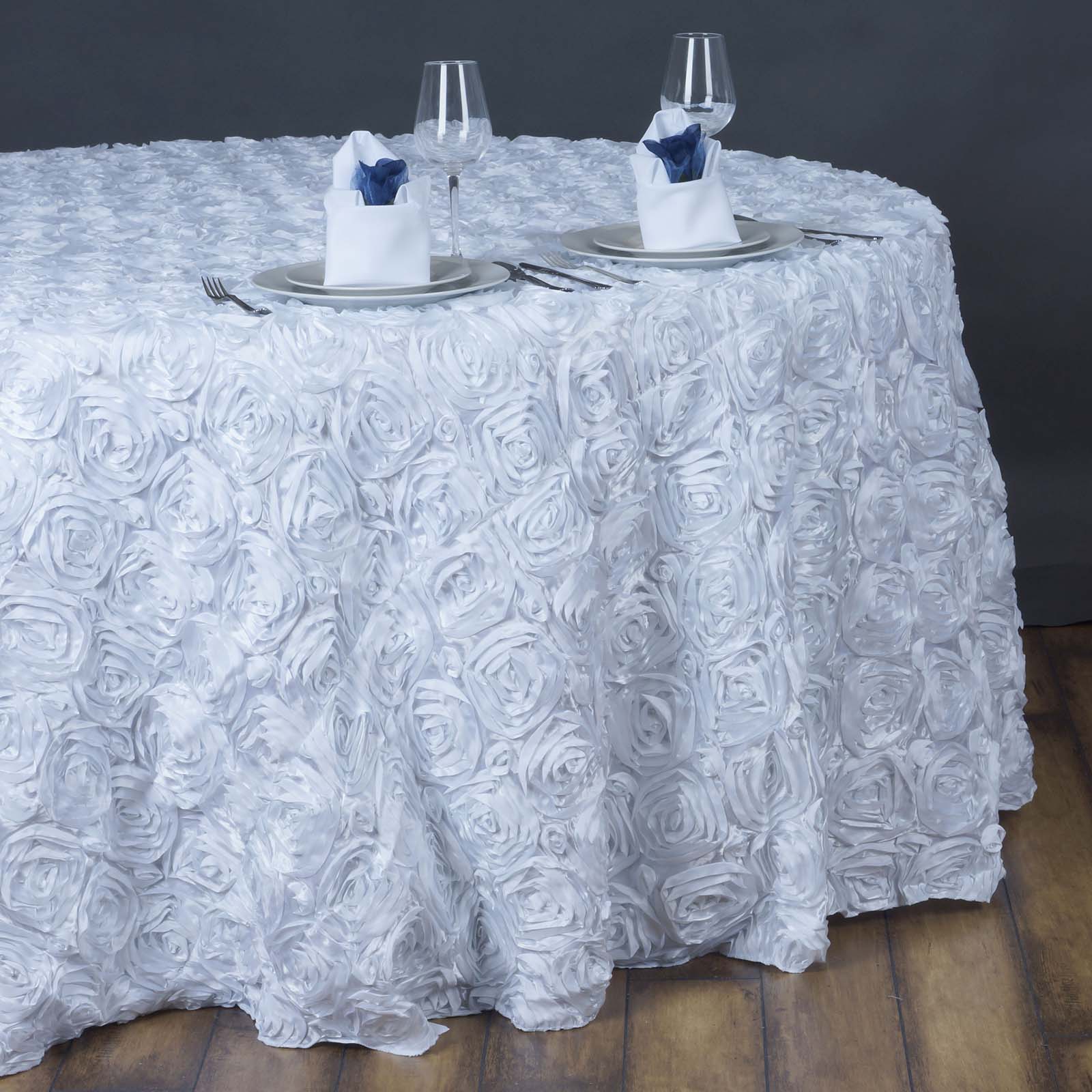 Hot Sale! White Satin 132-Inch Round Tablecloth with Stunning 3D Rosette Design for Elegant Events