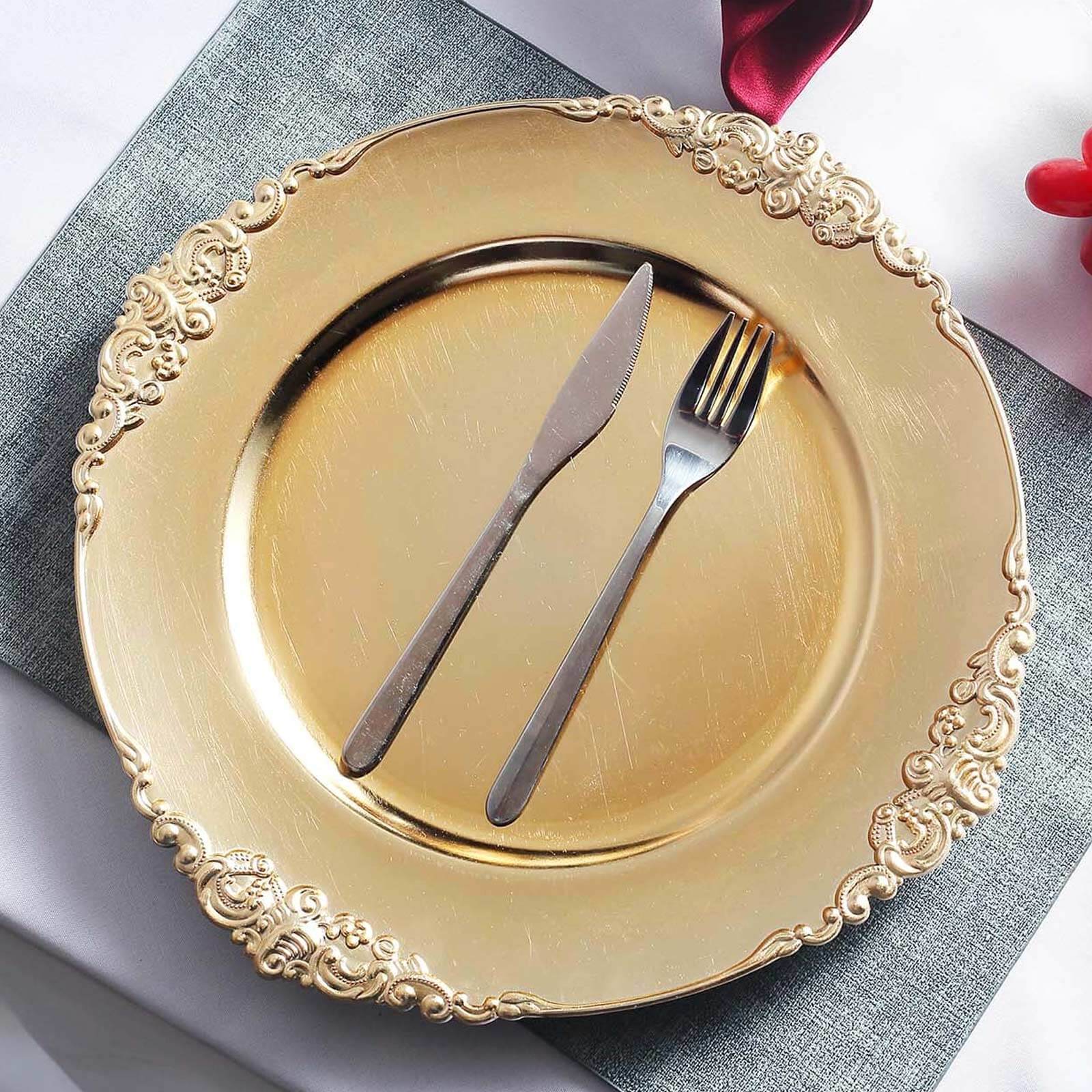 6-Pack 13-inch Gold Acrylic Round Charger Plates with Embossed Baroque Rim - Ideal for Dinner Parties