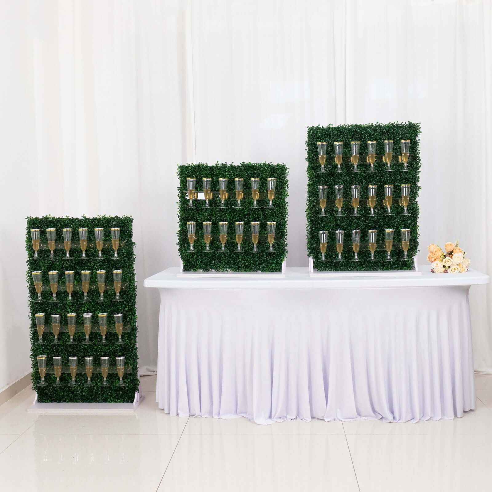Exclusive Set of 3 Green Champagne Wall Glass Holders - Tiered Faux Boxwood Stemware Racks for Classy Events