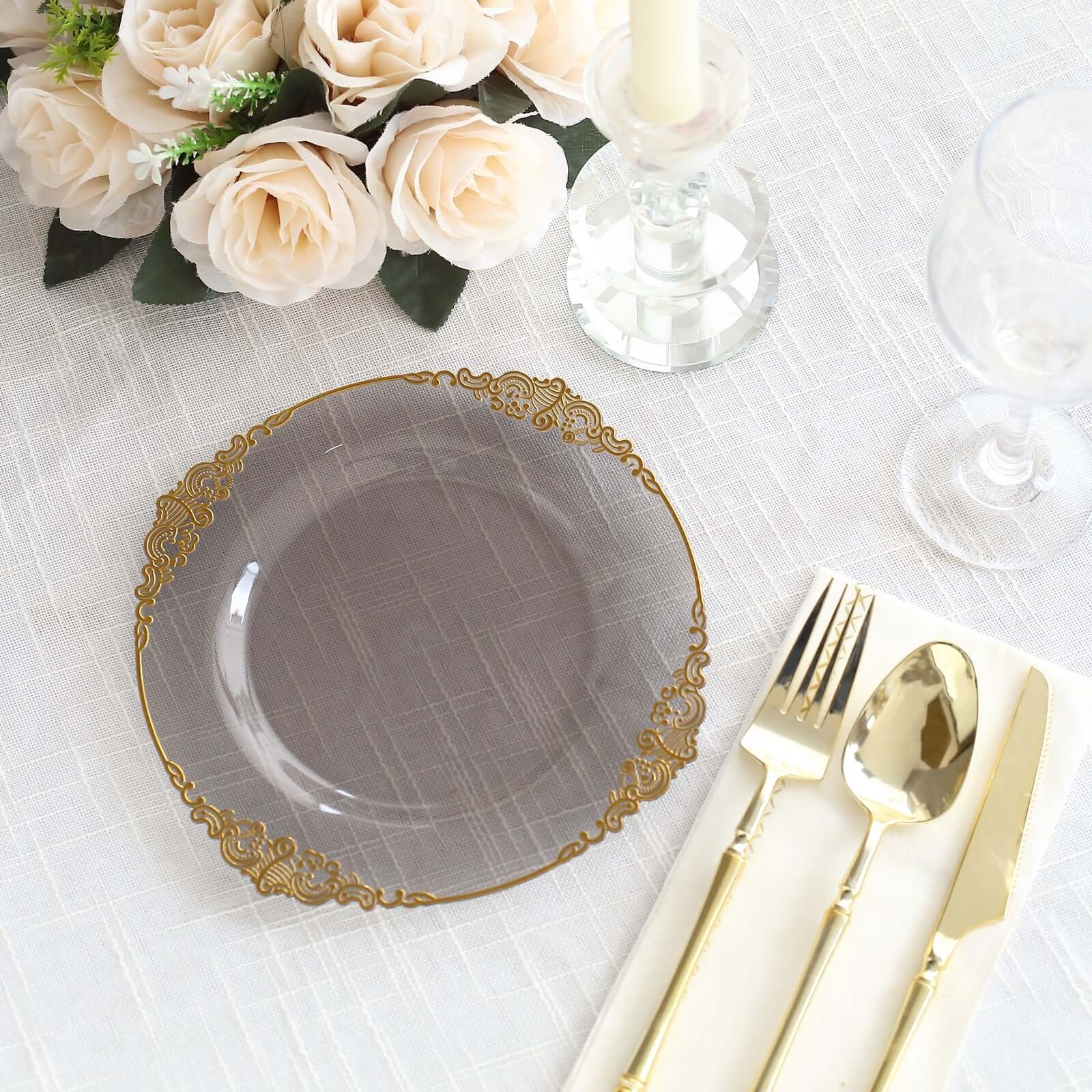 Hot Deal! 10-Pack Disposable 8-Inch Round Plastic Dessert Plates in Transparent Black with Gold Leaf Embossed Rim, Vintage Baroque Style