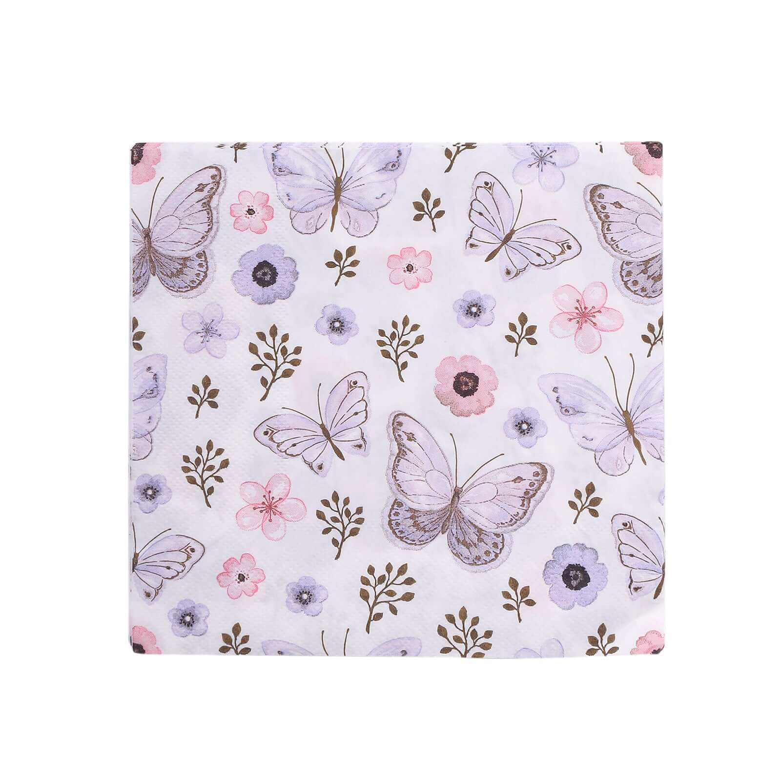 20-Pack 2-Ply Soft 18GSM Ivory Paper Beverage Napkins with Lavender Butterfly Floral Design for Garden Weddings