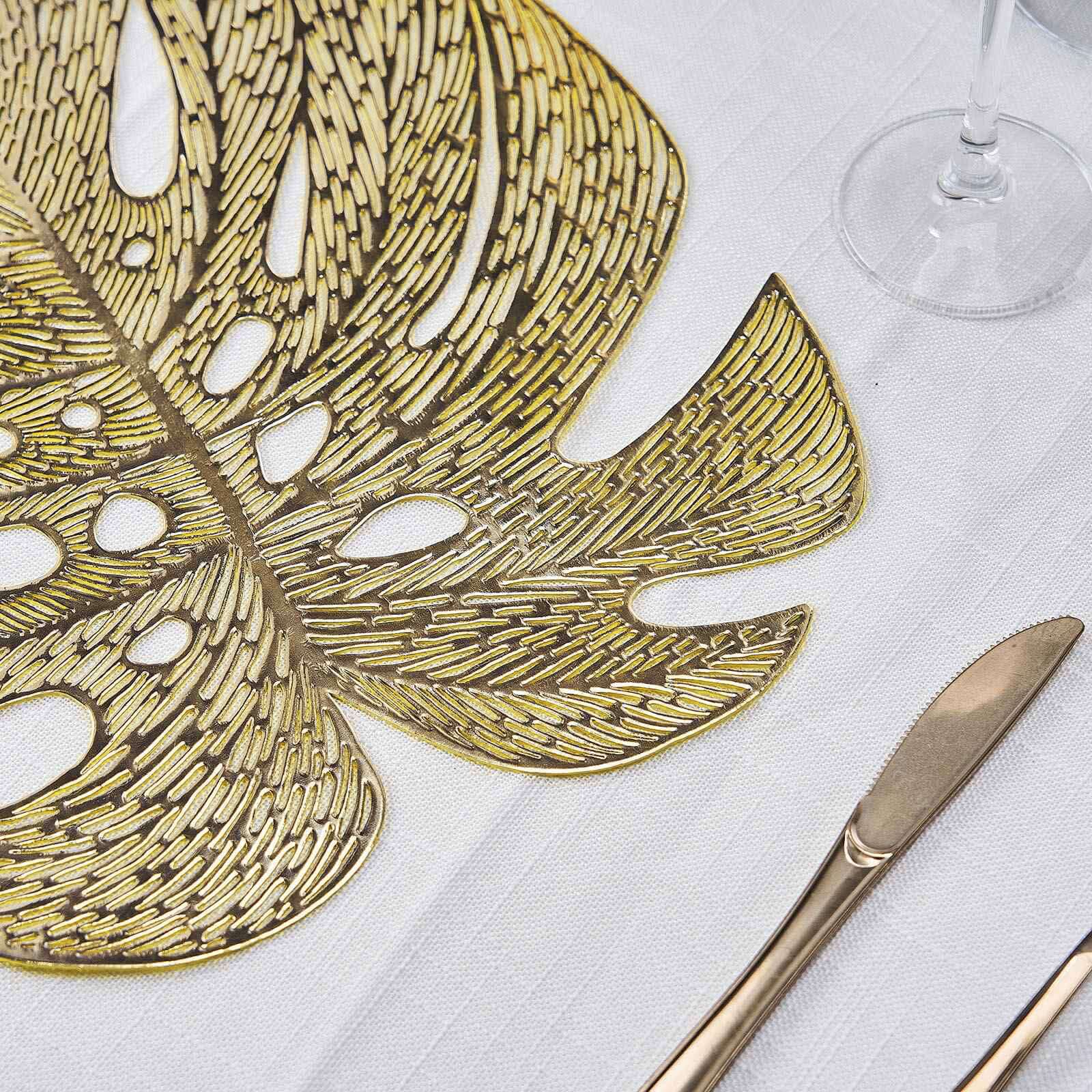 6-Pack Gold Monstera Leaf Design Vinyl Dining Table Mats with Non-Slip Surface for Tropical Decor
