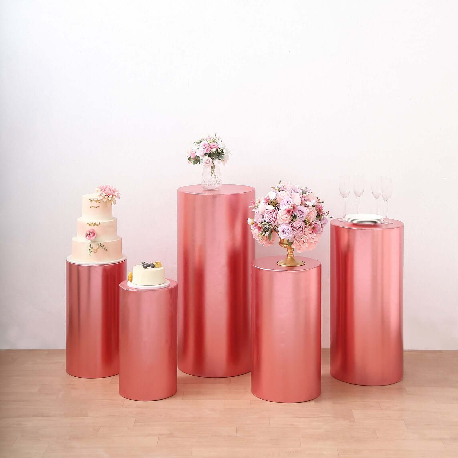 Hot Deal! Set of 5 Rose Gold Metallic Spandex Stretchable Pedestal Stand Covers - 130 GSM