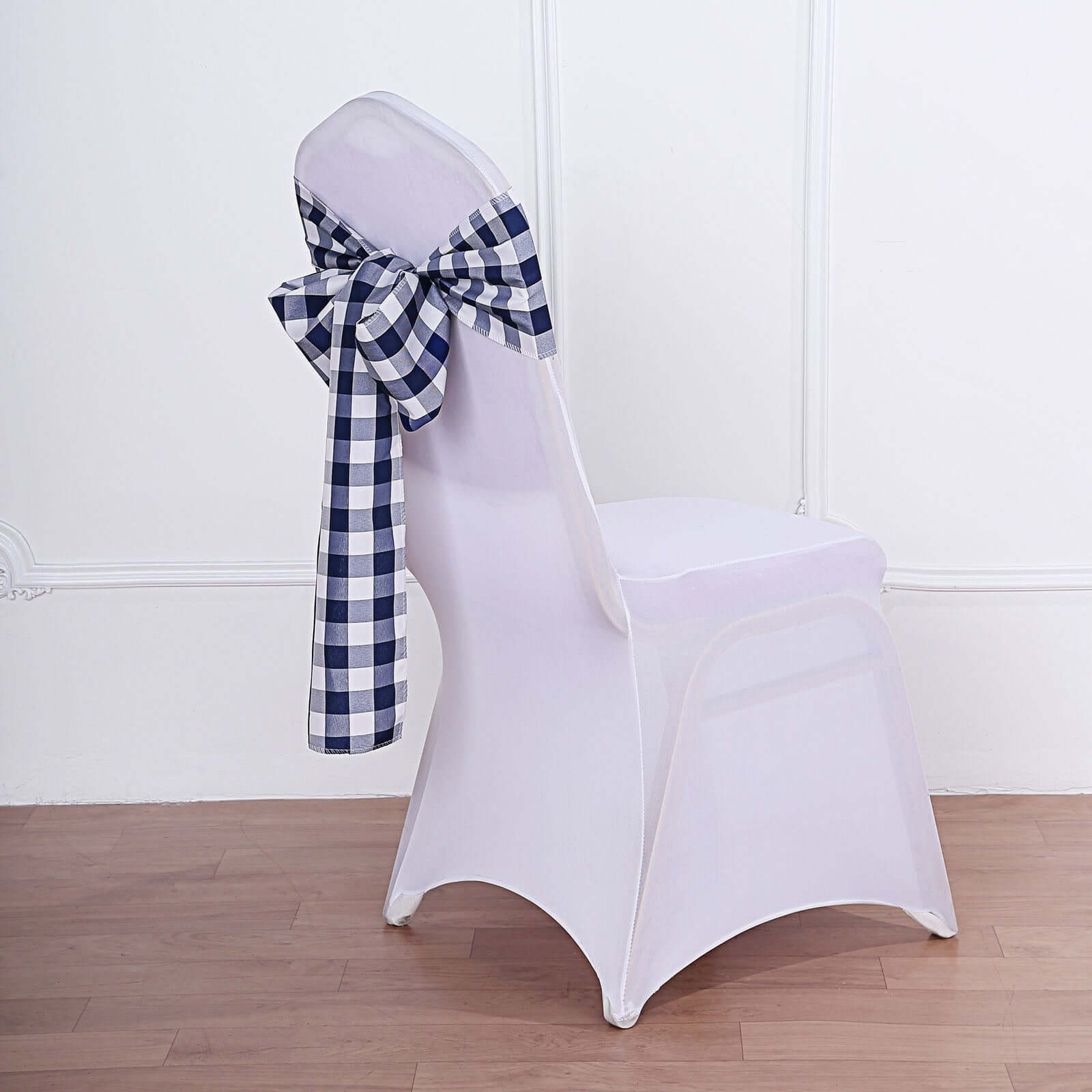 Get 5-Pack Durable & Reusable Navy Blue/White Buffalo Plaid Polyester Chair Sashes
