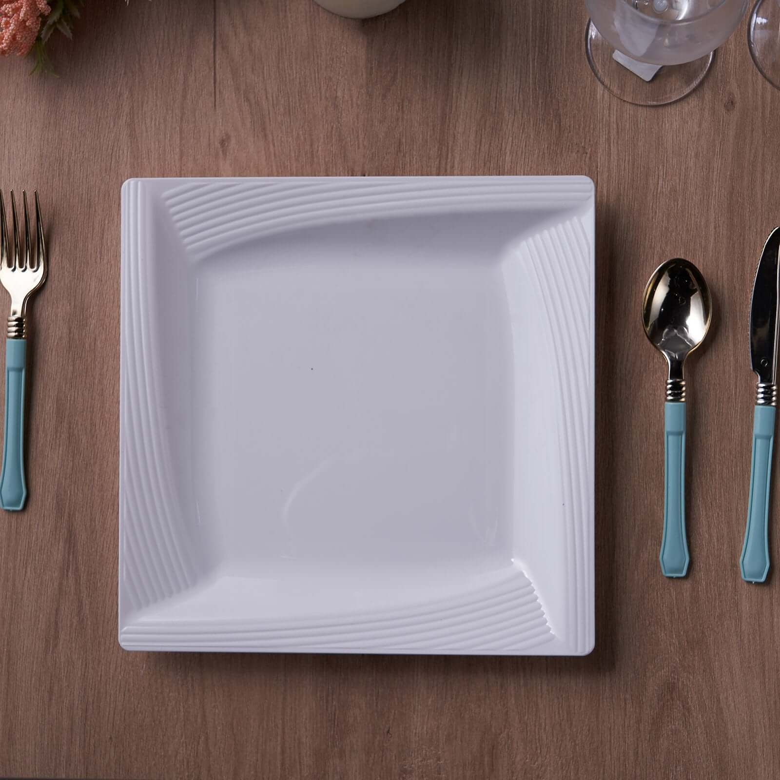 10-Pack White Disposable Plastic Square Dessert and Salad Plates with Geometric Ridge Trim for Stylish Events