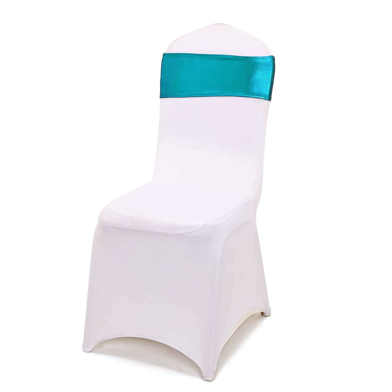 5-Pack Metallic Peacock Teal Spandex Chair Sashes with Round Diamond Buckles - Great for Events