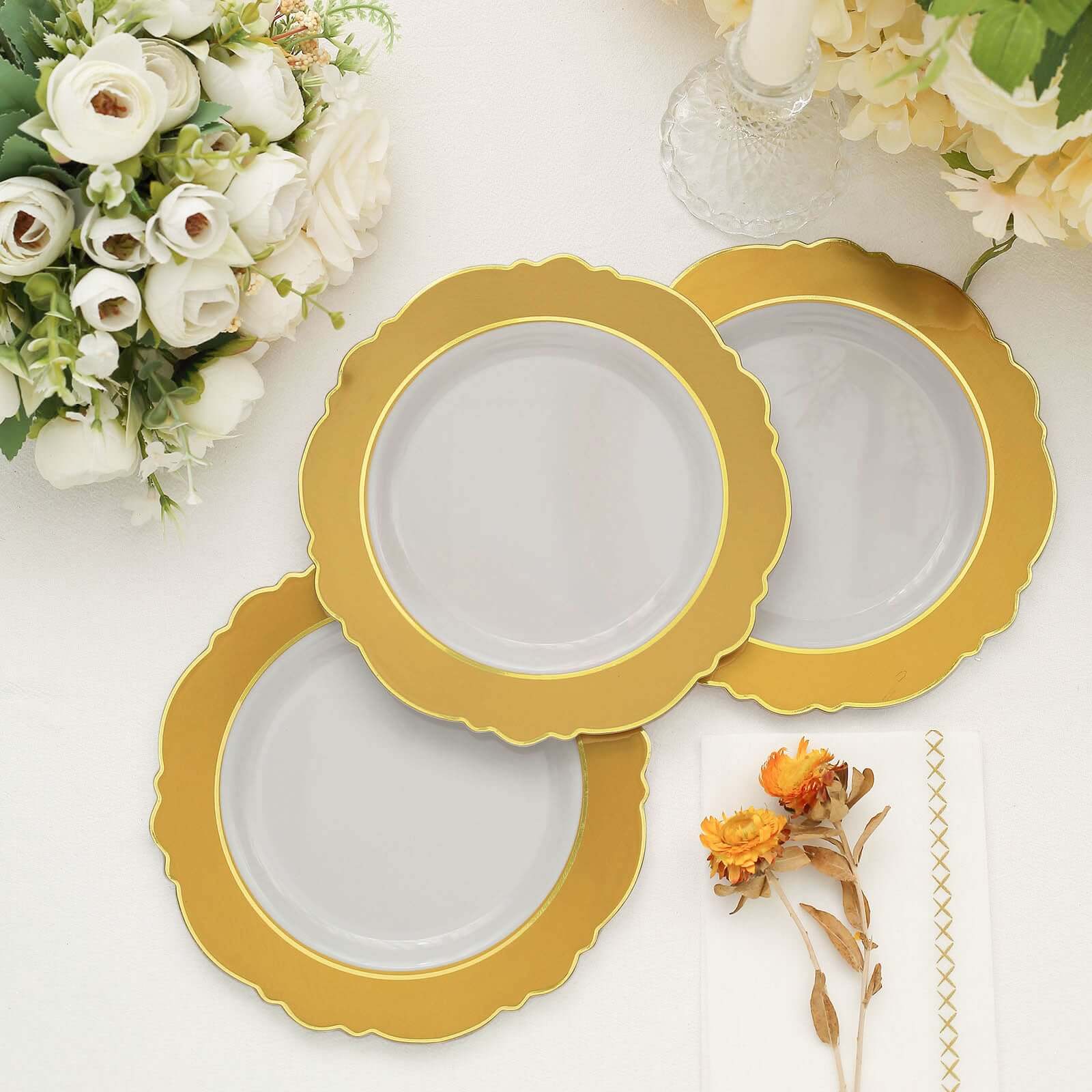 10-Pack Disposable White Plastic Dessert Plates with Gold Blossom & Edging for Elegant Table Decor