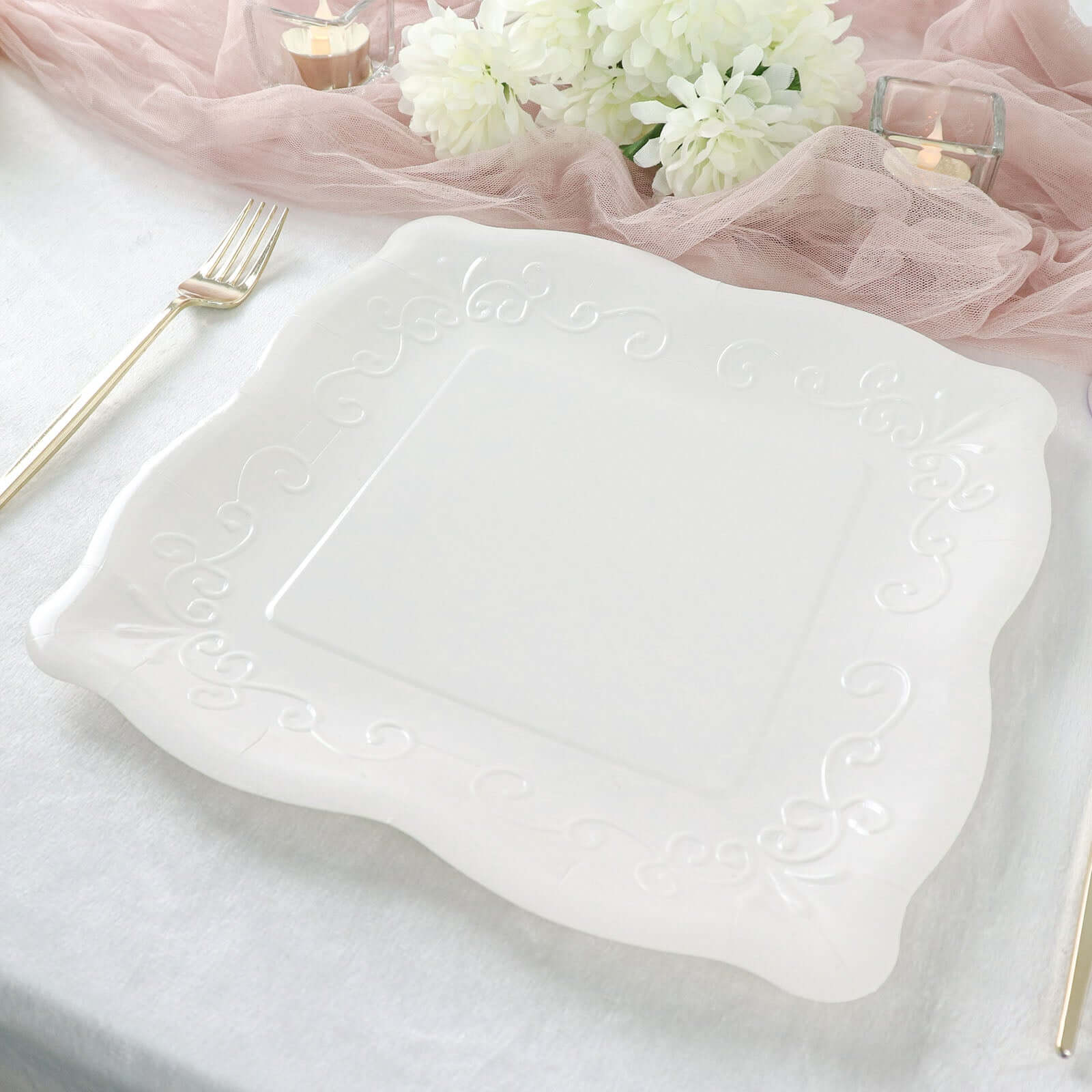 25-Pack Disposable White Square Dinner Plates with Vintage Pottery Embossed Design - Great Value!